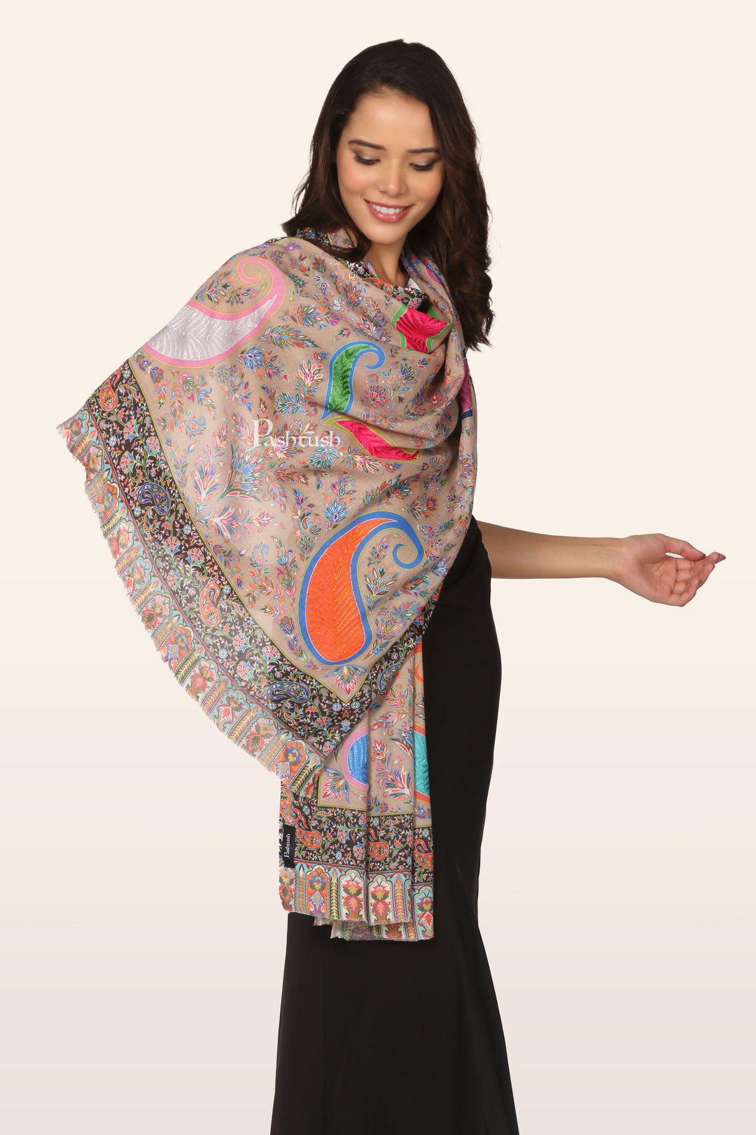 Pashtush India womens scarf and Stoles Pashtush Womens Stole, Soft bamboo, Print with Multicoloured Aari Embroidery