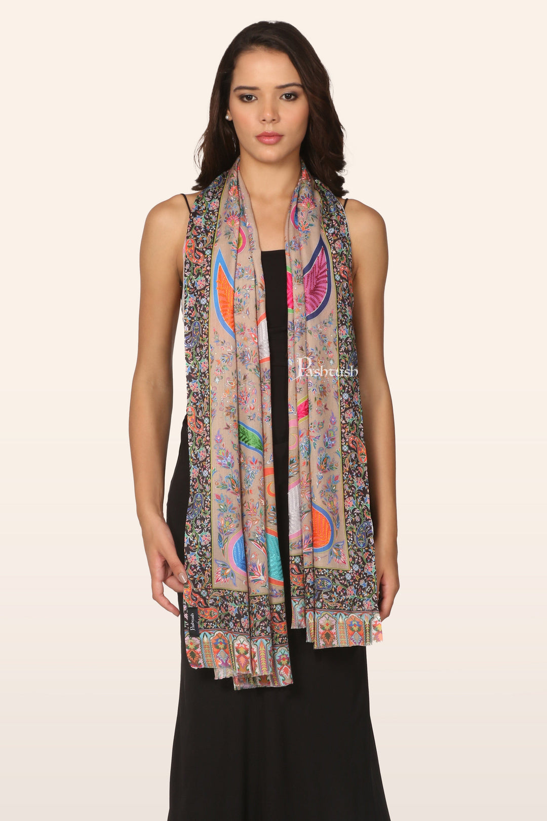 Pashtush India womens scarf and Stoles Pashtush Womens Stole, Soft bamboo, Print with Multicoloured Aari Embroidery