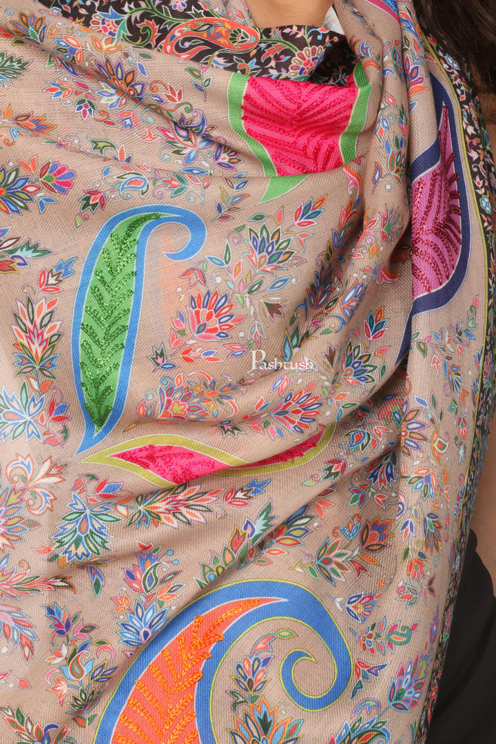 Pashtush India womens scarf and Stoles Pashtush Womens Stole, Soft bamboo, Print with Multicoloured Aari Embroidery