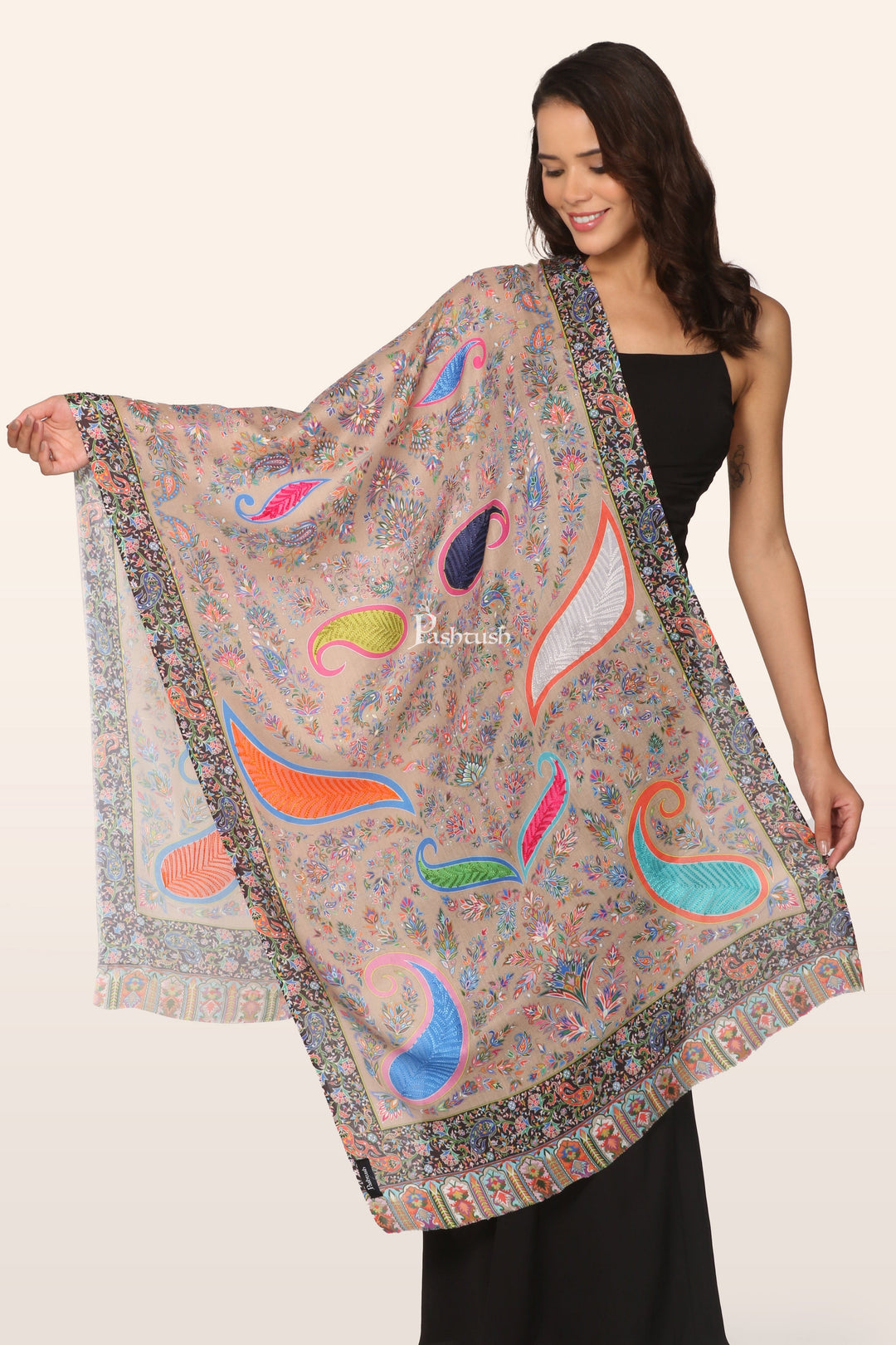 Pashtush India womens scarf and Stoles Pashtush Womens Stole, Soft bamboo, Print with Multicoloured Aari Embroidery