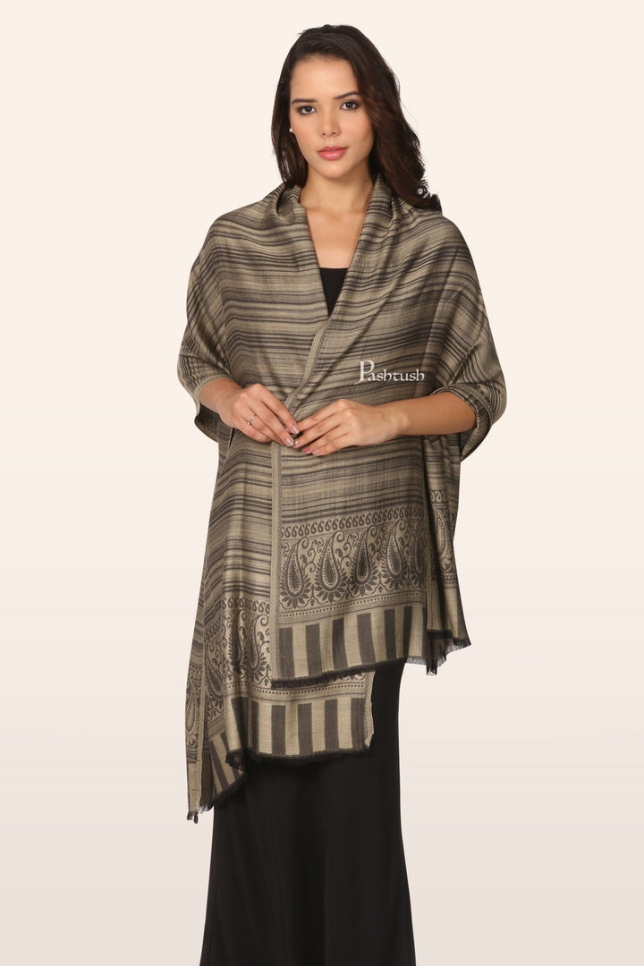 Pashtush India womens scarf and Stoles Pashtush Womens Stole, Soft Bamboo, Twin Coloured, Woven Design, Black and Taupe