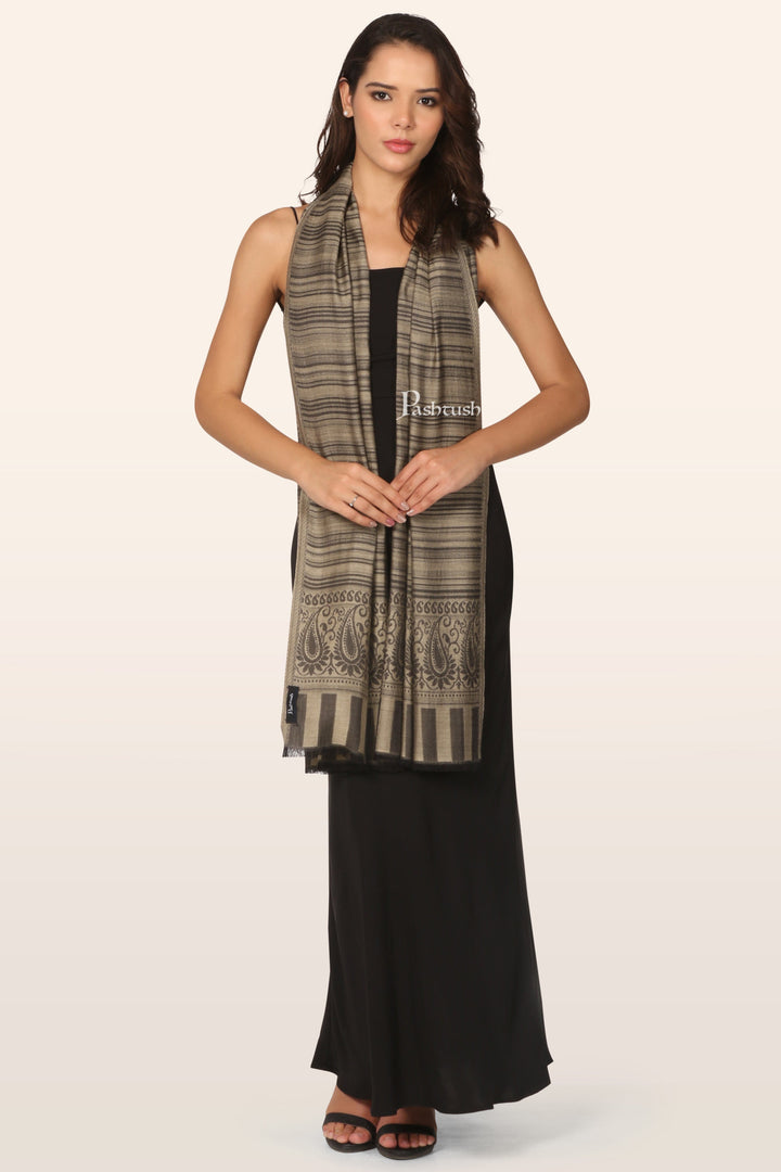 Pashtush India womens scarf and Stoles Pashtush Womens Stole, Soft Bamboo, Twin Coloured, Woven Design, Black and Taupe