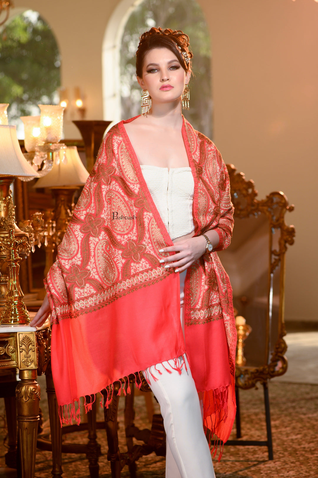 Pashtush India Womens Stoles and Scarves Scarf Pashtush Womens Stole, Soft Silky Nalki Embroidery Needlework Stole, Scarlet