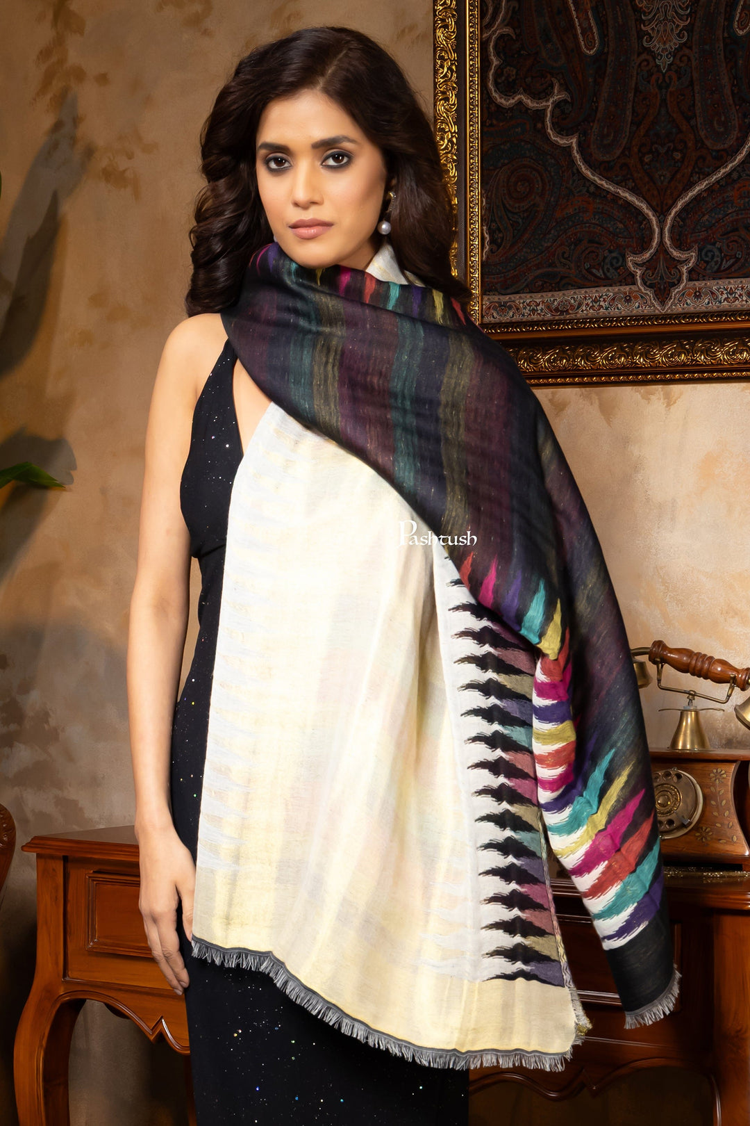 Pashtush India womens scarf and Stoles Pashtush Womens Stole, Twilight Collection, Gold Metallic Ikkat Weave, Fine Wool, Multicoloured