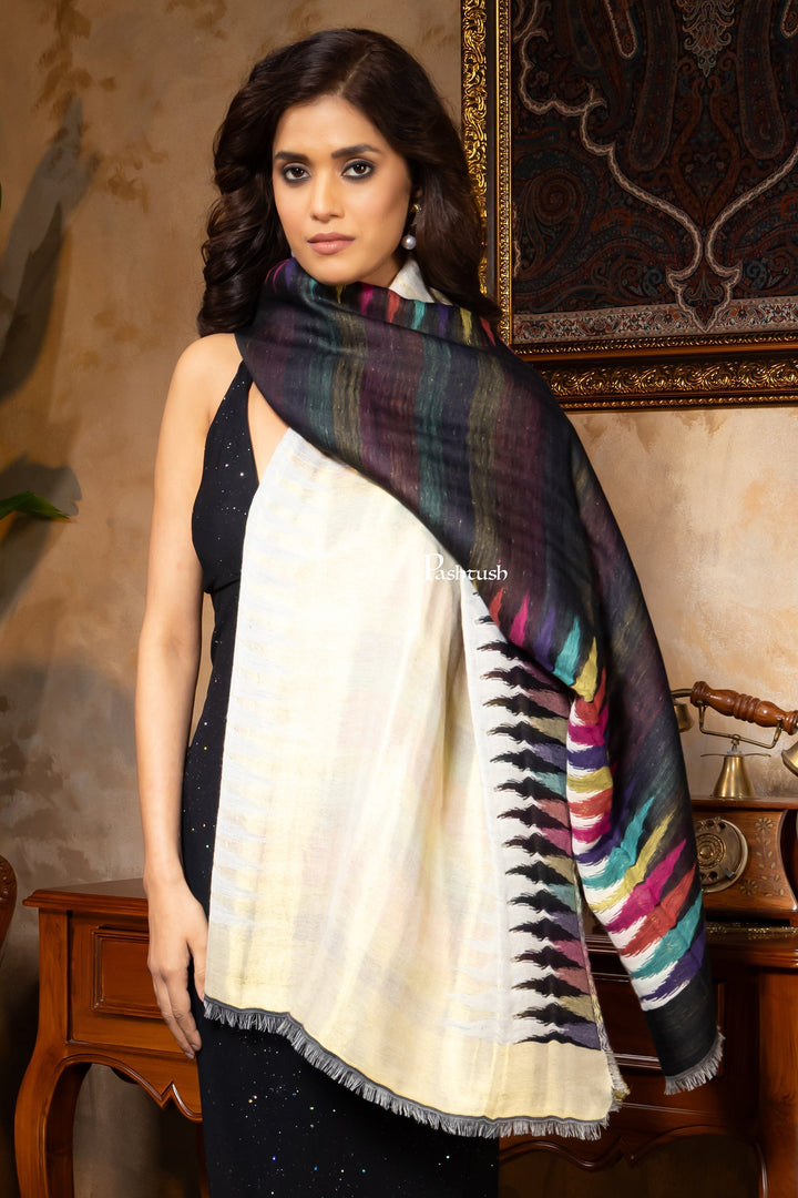 Pashtush India womens scarf and Stoles Pashtush Womens Stole, Twilight Collection, Gold Metallic Ikkat Weave, Fine Wool, Multicoloured