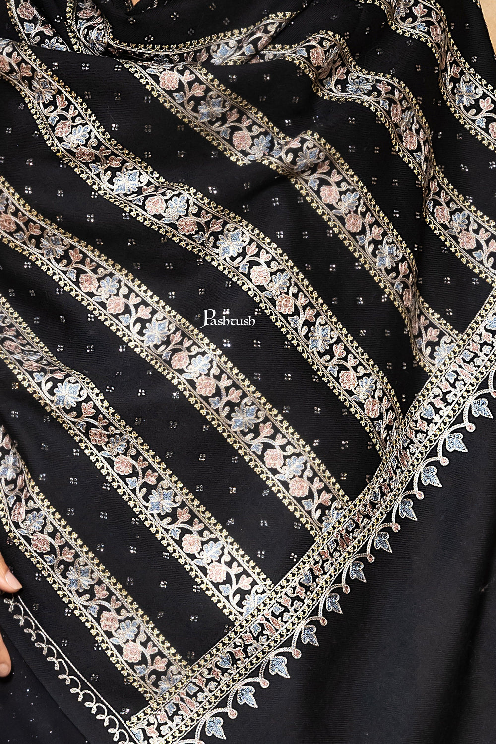 Pashtush India Womens Shawls Pashtush Womens Stole, Twilight Collection, Wool Silk Nalki Embroidery, Black