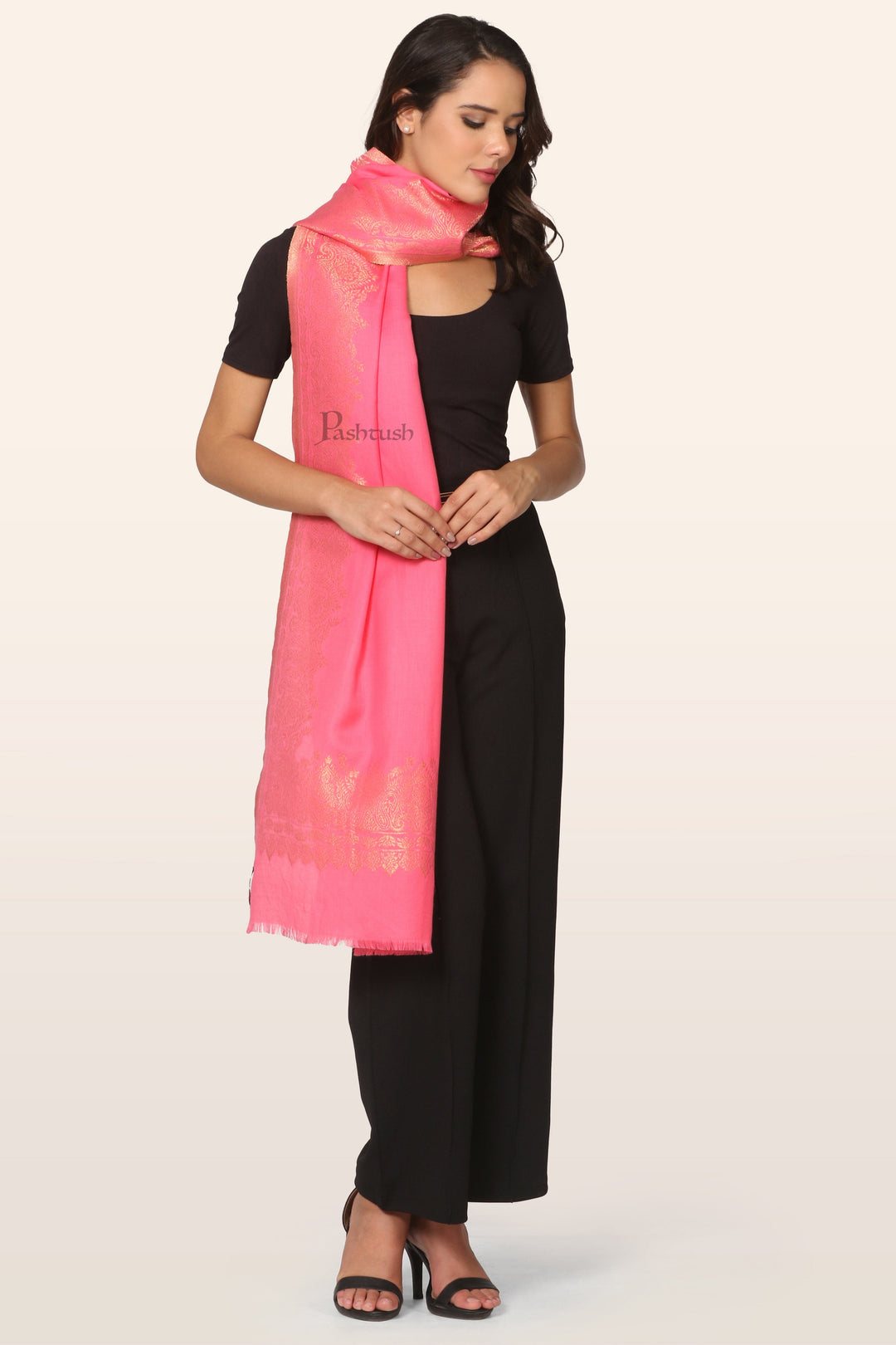 Pashtush India womens scarf and Stoles Pashtush Womens  Stole, With Zari  Design, Pink