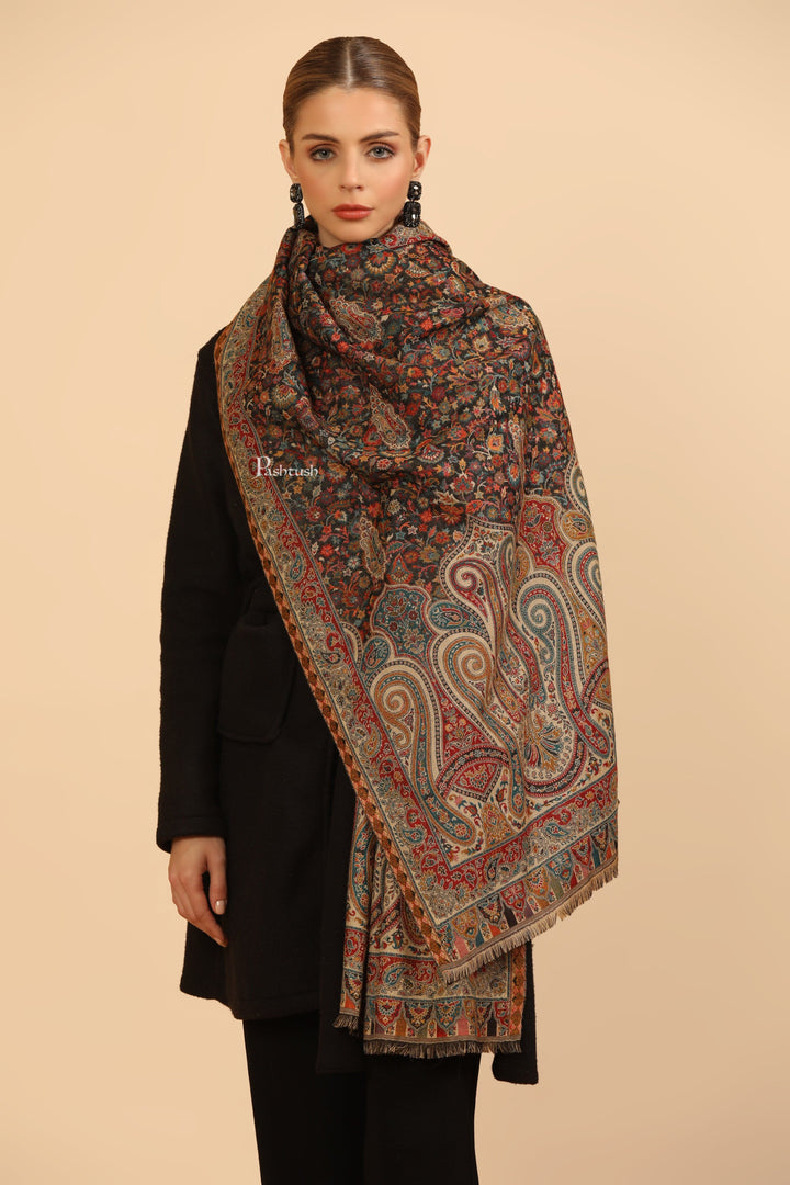 Pashtush India Womens Stoles Pashtush Womens Stole, Woven Ethnic Weave Design, Black