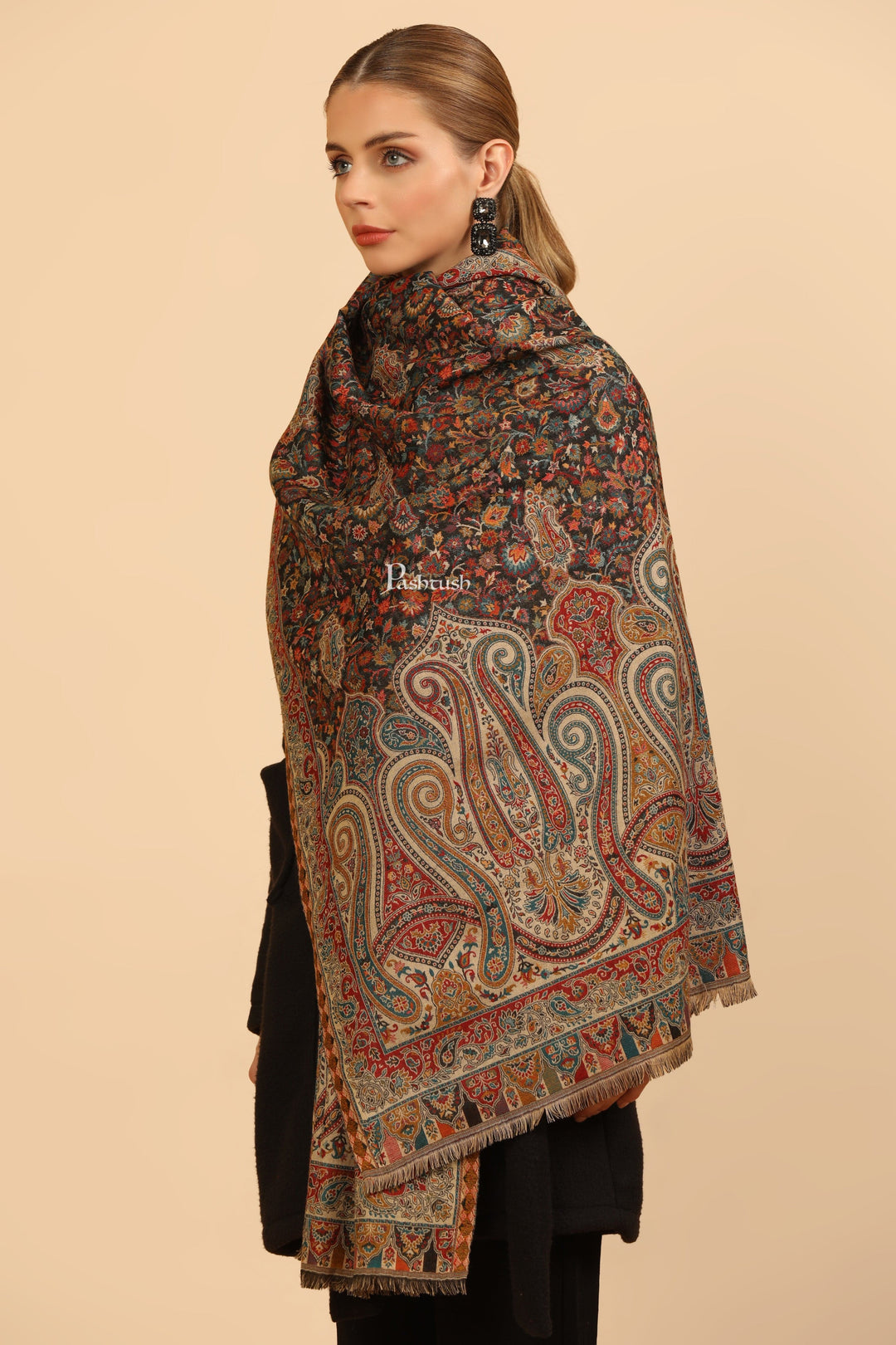 Pashtush India Womens Stoles Pashtush Womens Stole, Woven Ethnic Weave Design, Black