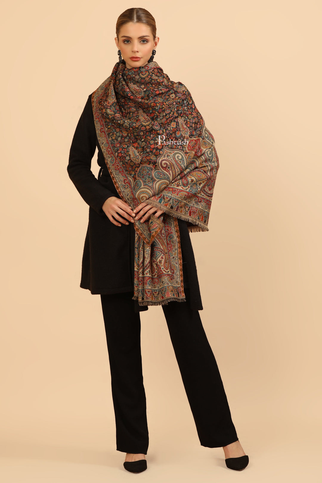Pashtush India Womens Stoles Pashtush Womens Stole, Woven Ethnic Weave Design, Black
