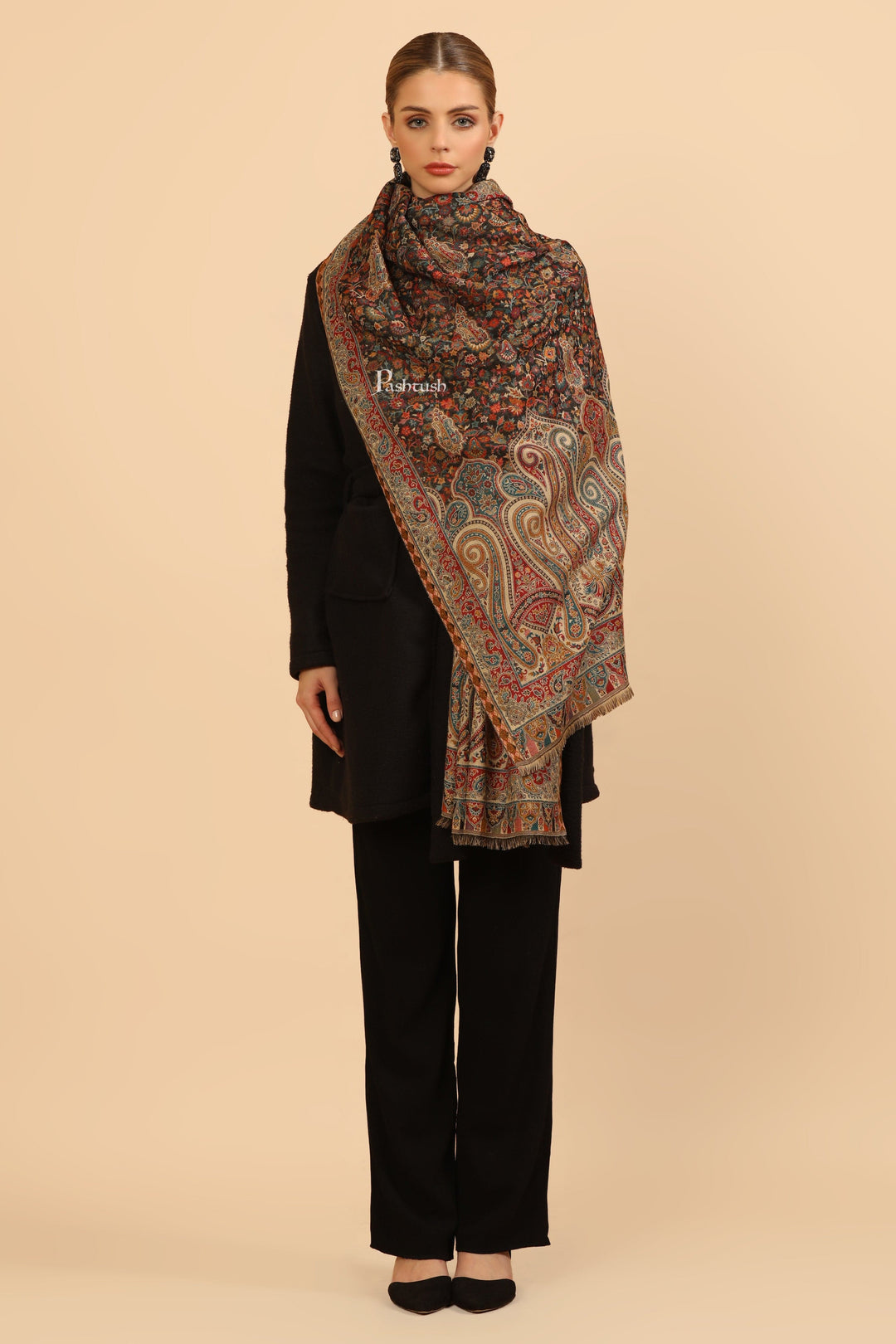 Pashtush India Womens Stoles Pashtush Womens Stole, Woven Ethnic Weave Design, Black