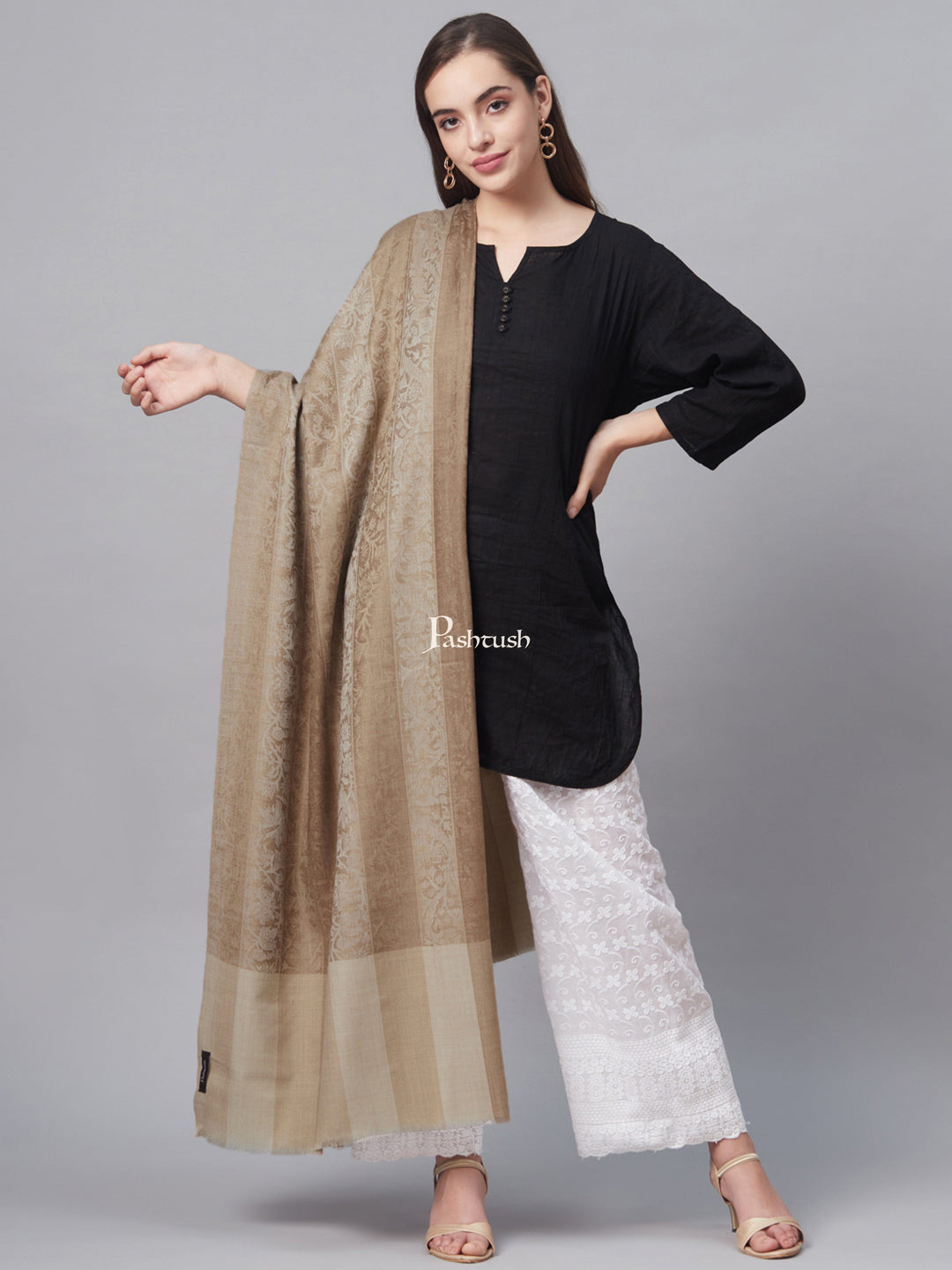 Pashtush India Womens Shawls Pashtush Womens Striped Paisley, Self Shawl, In Extra Soft Fine Wool, Large Wrap Size