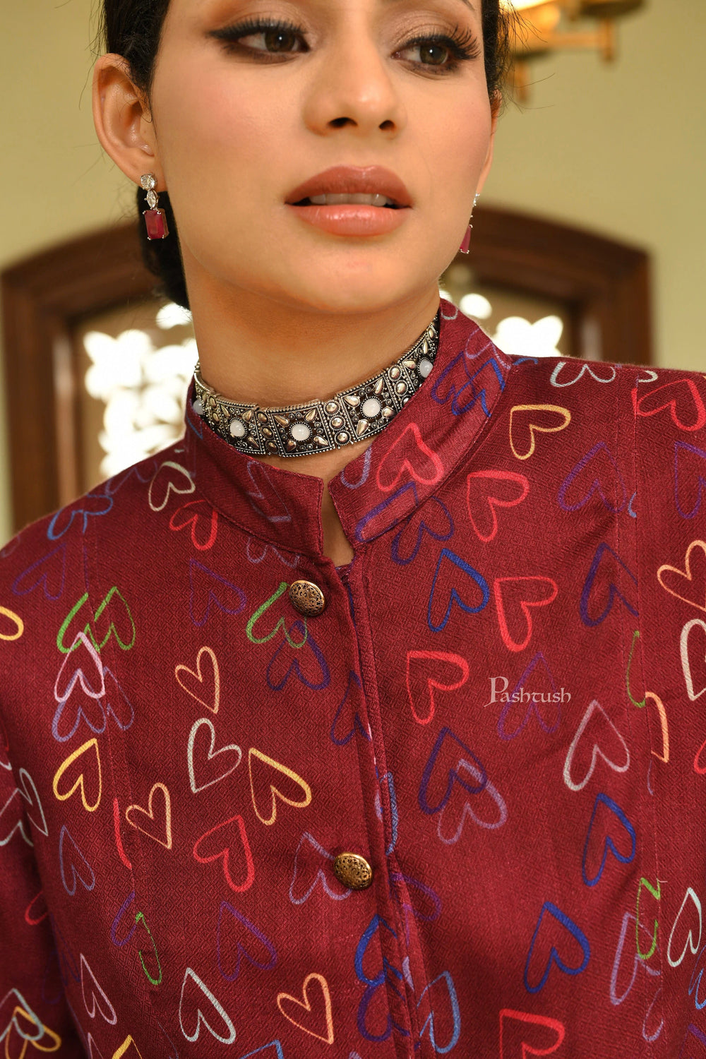 Pashtush India Womens Shirt Pashtush Womens Structured Jacket, Soft Breathable Bamboo, Sweetheat Maroon