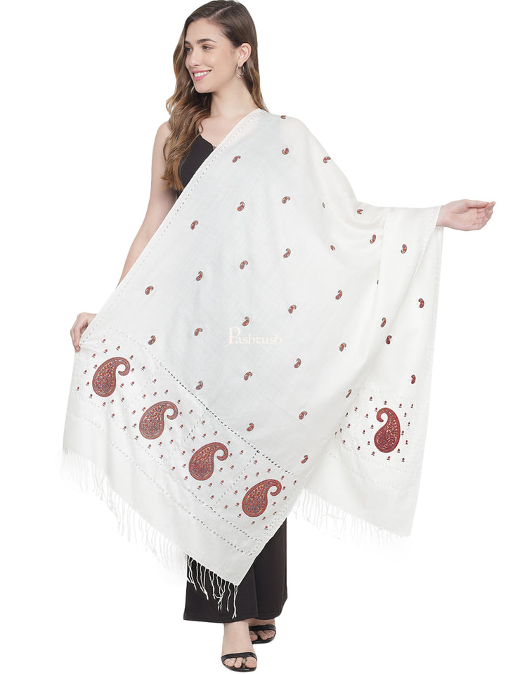 Pashtush India Womens Stoles and Scarves Scarf Pashtush Womens Tarkashi Embroidery, Hand Knotted, Fine Wool Stole, White