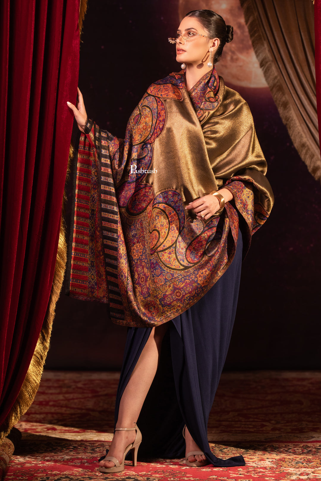 Pashtush India Womens Shawls Pashtush Womens Twilight Collection, Fine Wool Shawl, Woven Paisley Palla, Reversible