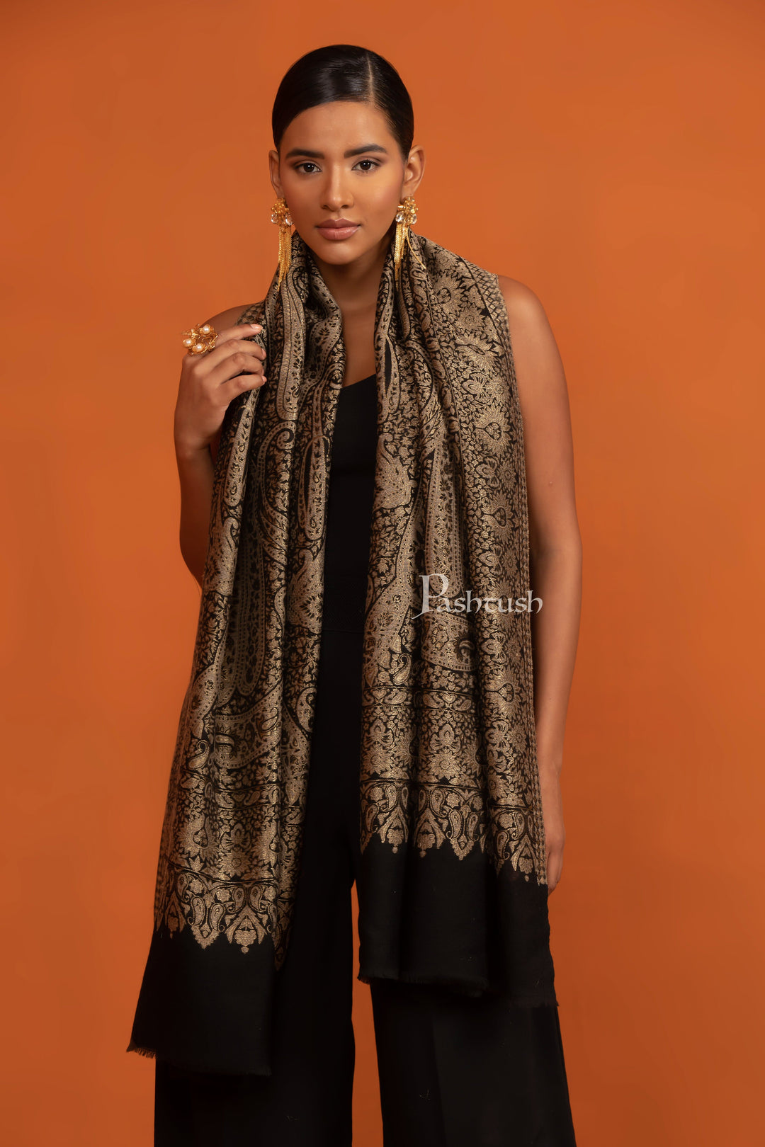 Pashtush India womens scarf and Stoles Pashtush Womens Twilight Collection, Silk Wool Stole, Black and Gold