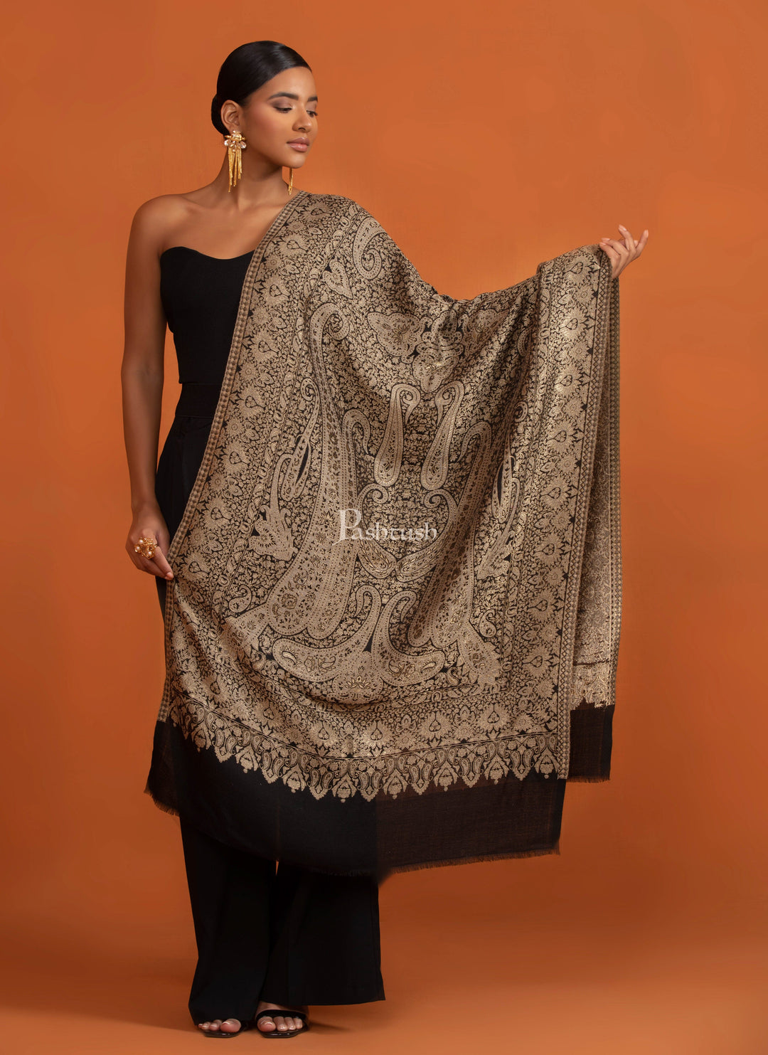 Pashtush India womens scarf and Stoles Pashtush Womens Twilight Collection, Silk Wool Stole, Black and Gold