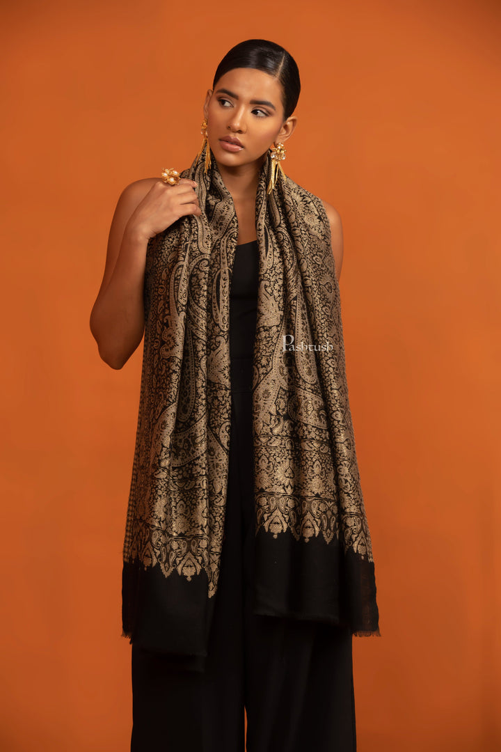 Pashtush India womens scarf and Stoles Pashtush Womens Twilight Collection, Silk Wool Stole, Black and Gold