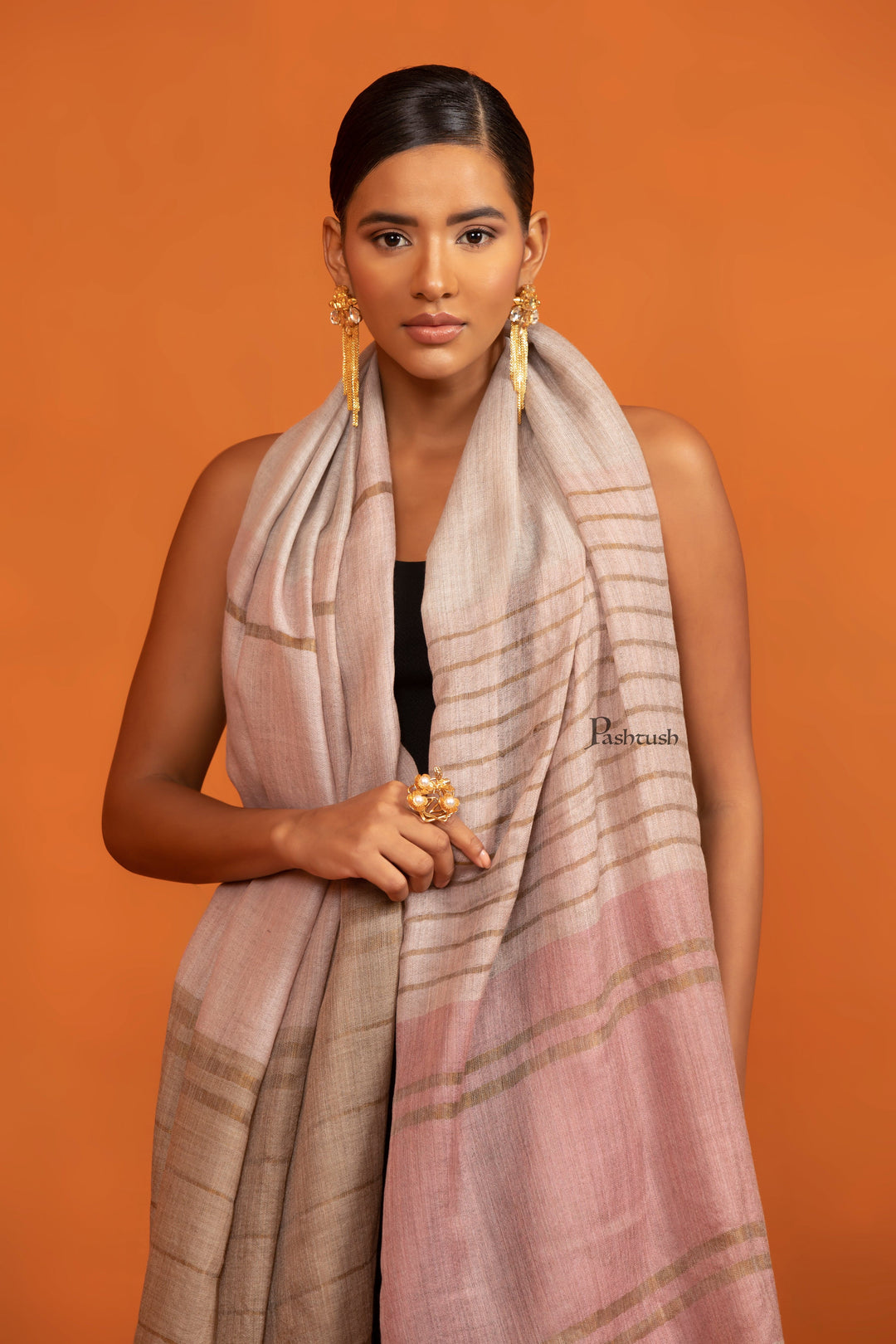 Pashtush India womens scarf and Stoles Pashtush Womens Twilight Collection Stole, Extra Soft Wool Silk with Striped Metallic Weave, Beige and Pink