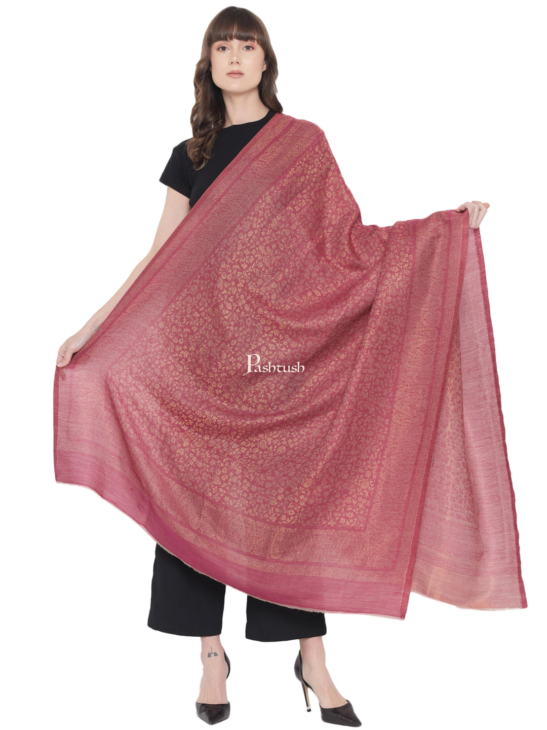 Pashtush India Womens Stoles and Scarves Scarf Pashtush Womens Twilight Collection Stole, With Metallic Weave, Fine Wool, Rose Maroon