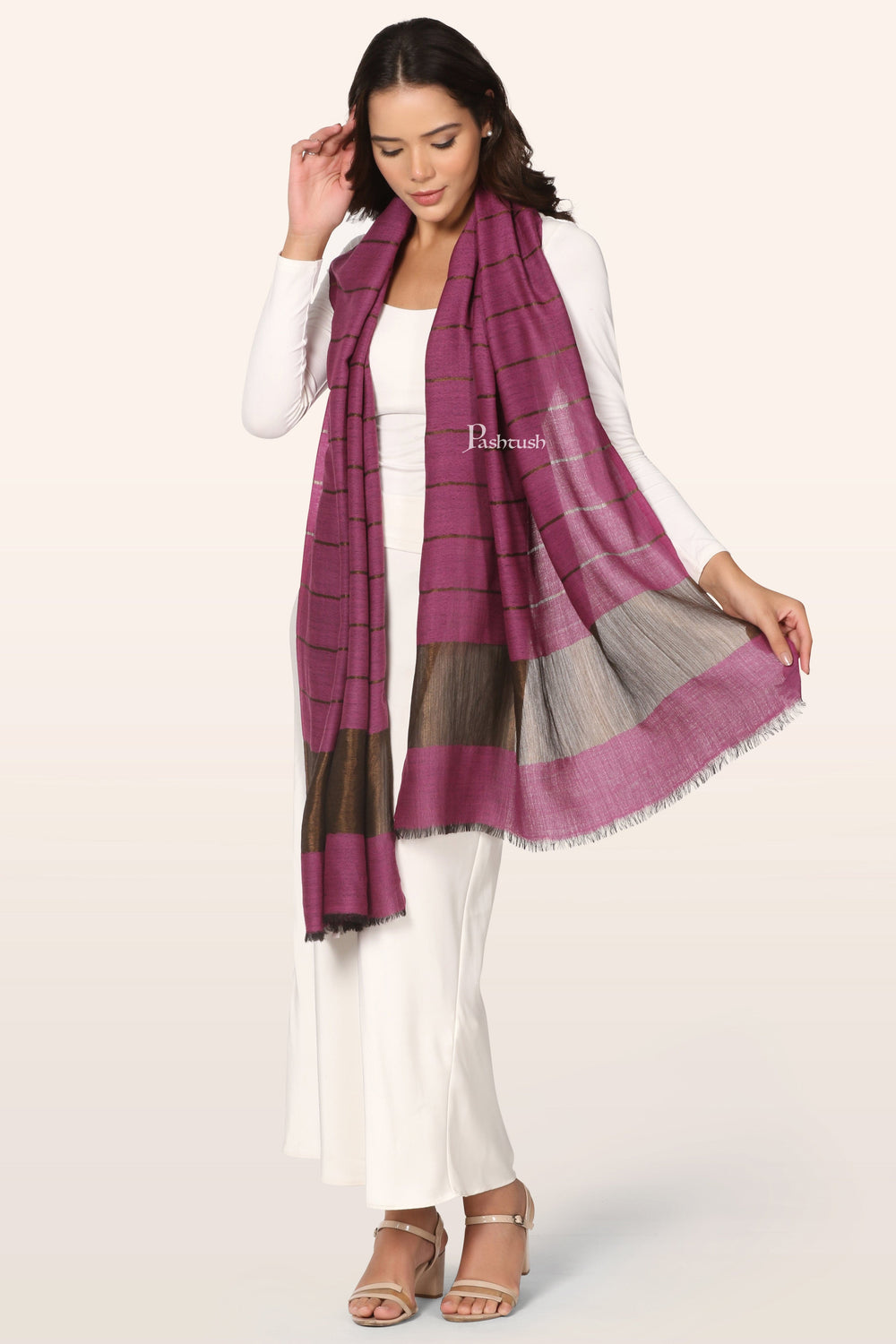 Pashtush India womens scarf and Stoles Pashtush Womens Twilight Collection Stole, With Striped Weave, Soft and Warm, Silk Wool, Pink