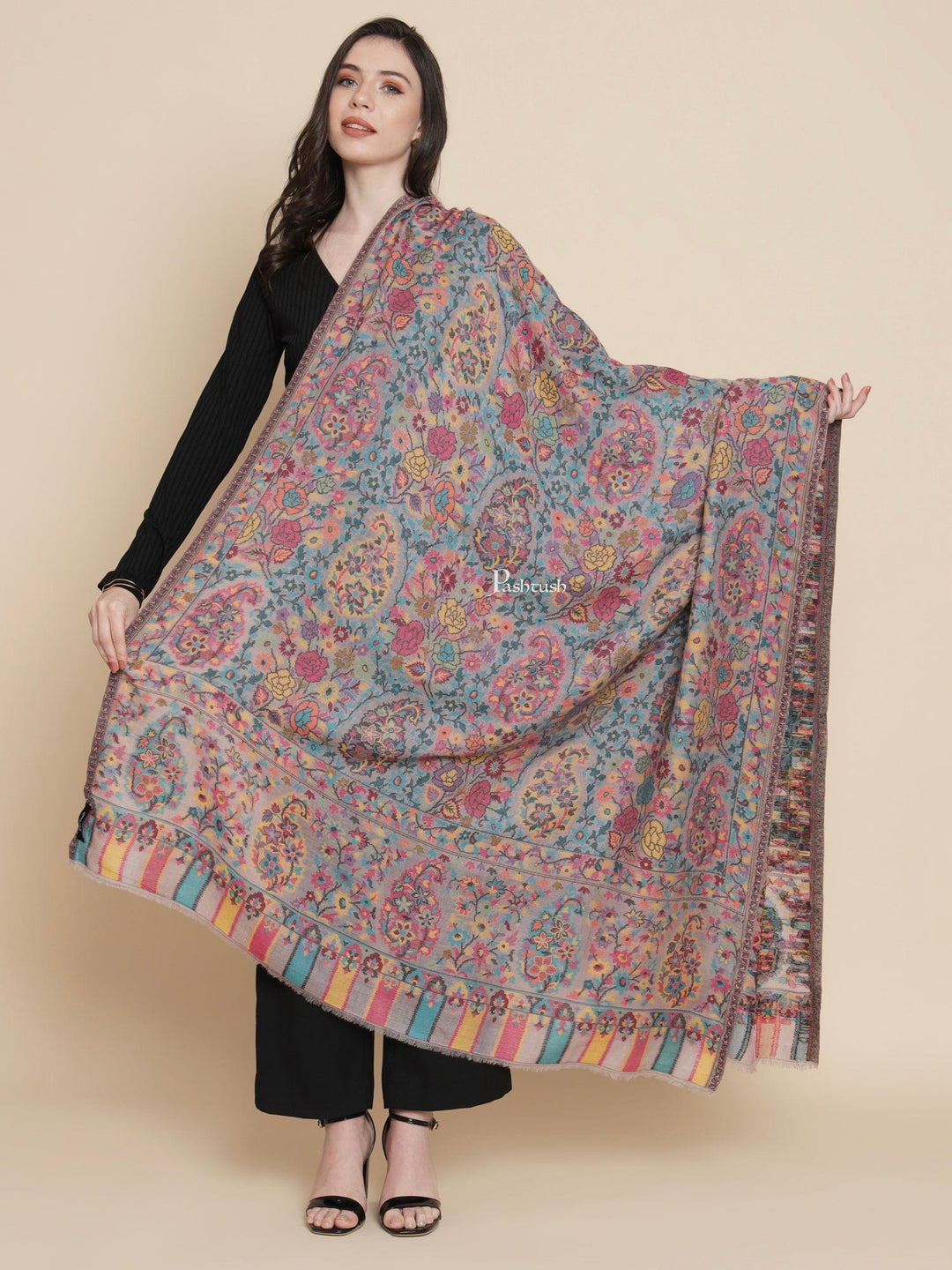 Pashtush India Womens Shawls Pashtush Womens Womens, 100% Pure Wool With Woolmark Certificate, Paisley Ethnic Woven, Multicolour