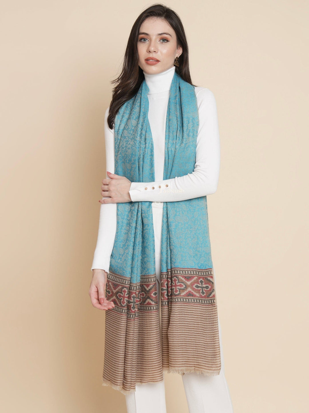Pashtush India Womens Shawls Pashtush Womens Womens, Extra Fine Wool, Aztec Palla Woven, Aqua Blue