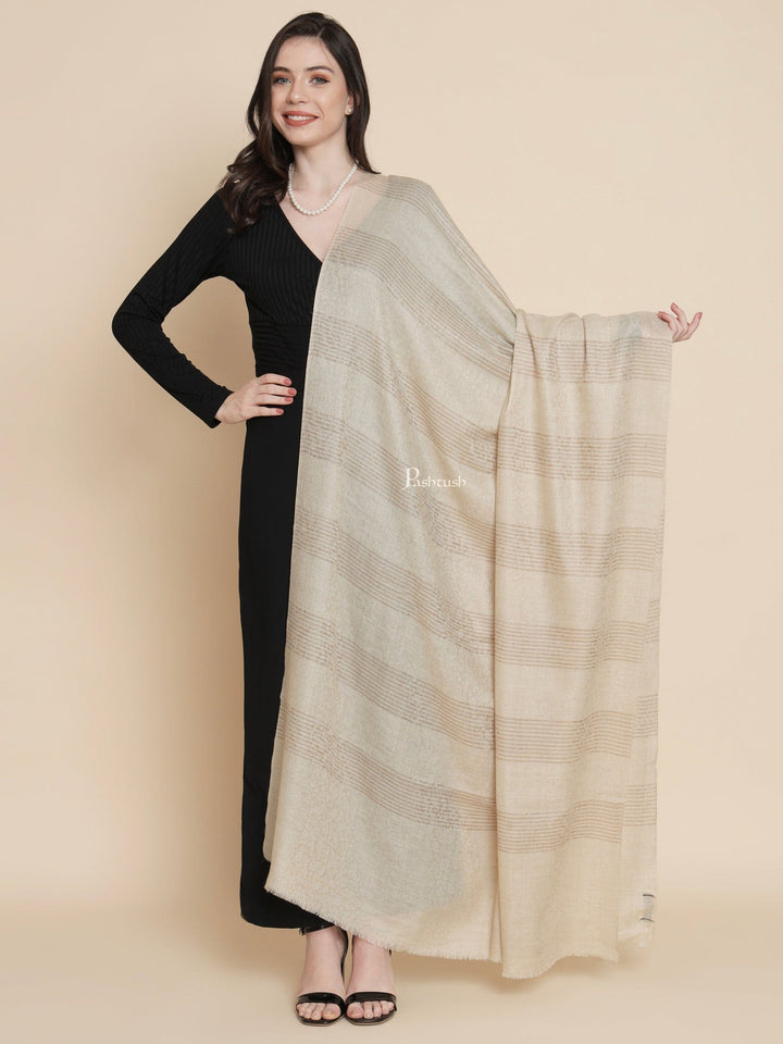 Pashtush India Womens Shawls Pashtush Womens Womens, Extra Fine Wool, Floral Large Striped Self Woven, Beige