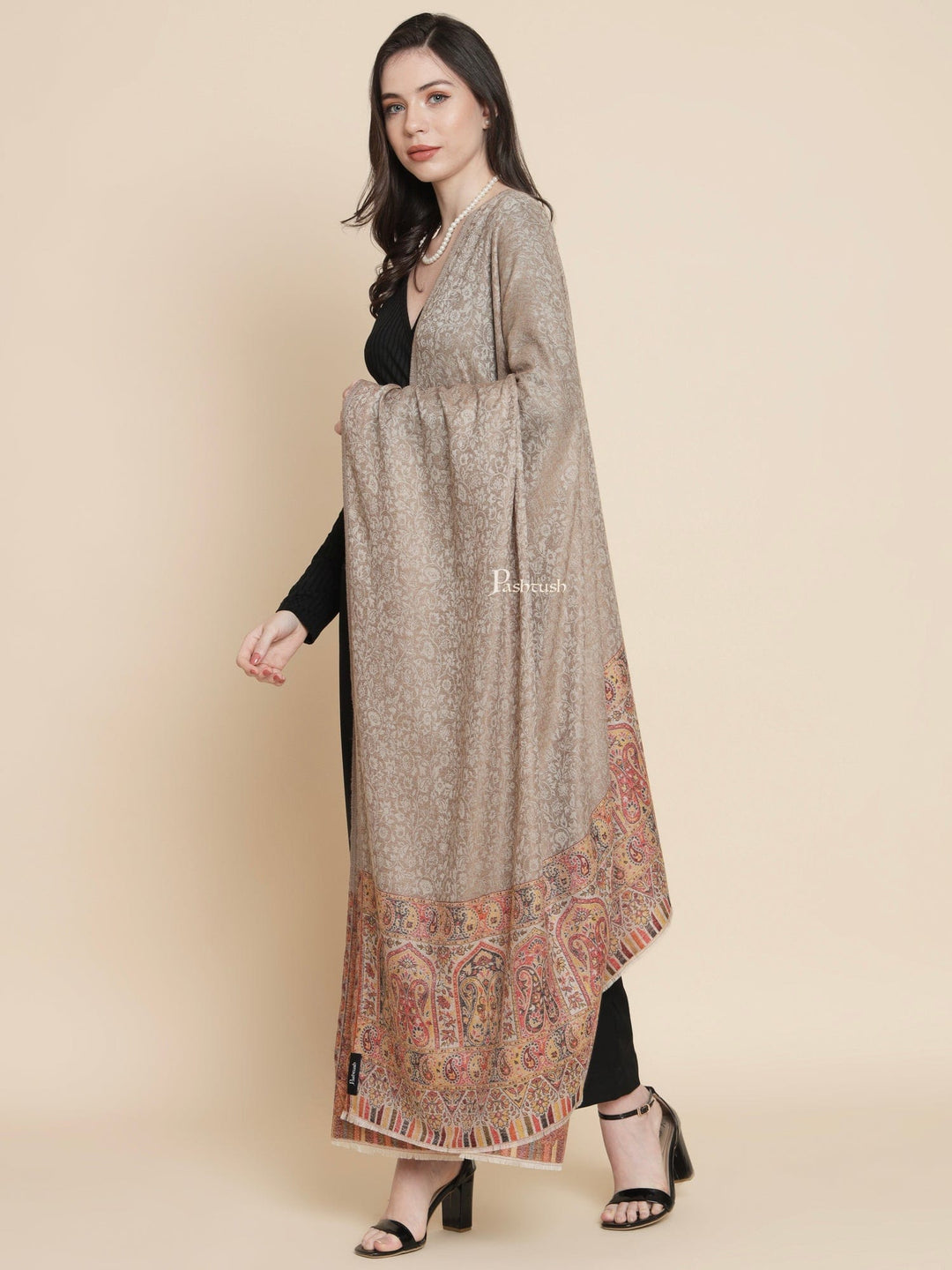 Pashtush India Womens Shawls Pashtush Womens Womens, Extra Fine Wool, Paisley Palla Woven, Taupe