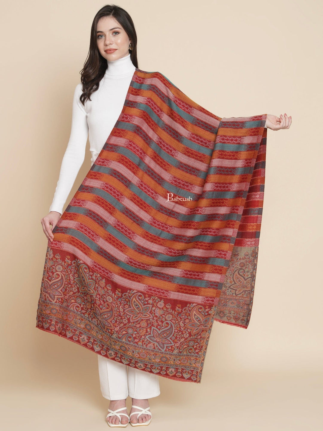 Pashtush India Womens Stoles and Scarves Scarf Pashtush Womens Womens, Extra Fine Wool, Striped Paisley Palla Woven, Maroon