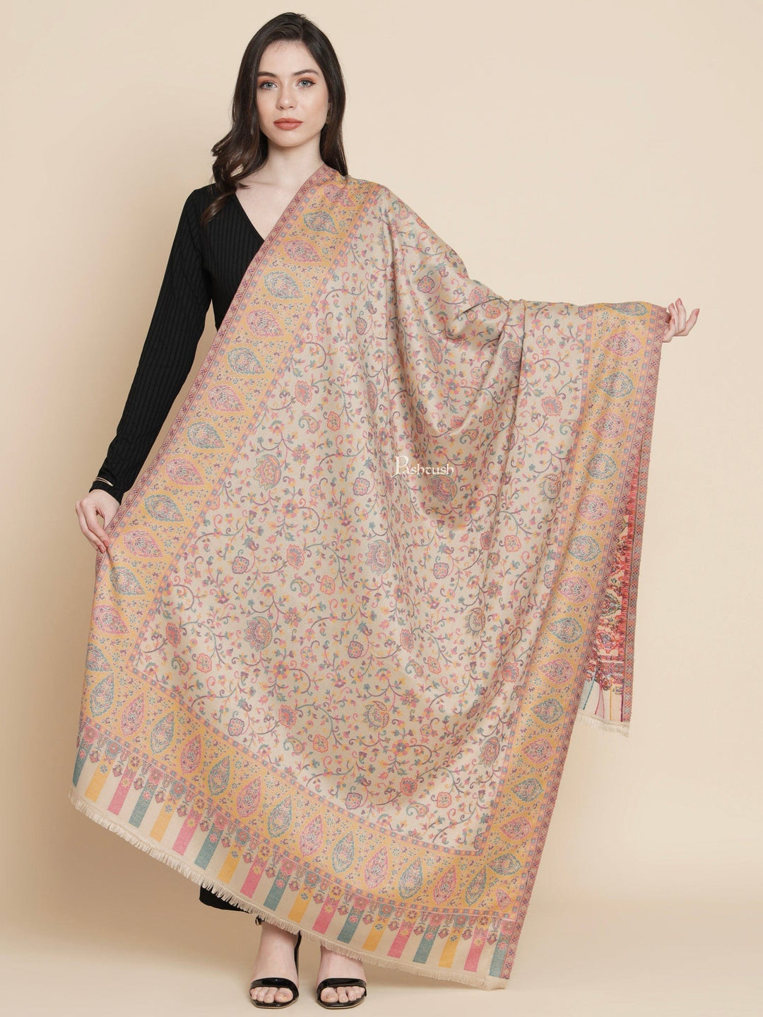 Pashtush India Womens Shawls Pashtush Womens Womens, Faux Pashmina, Paisley Ethnic Woven, Beige