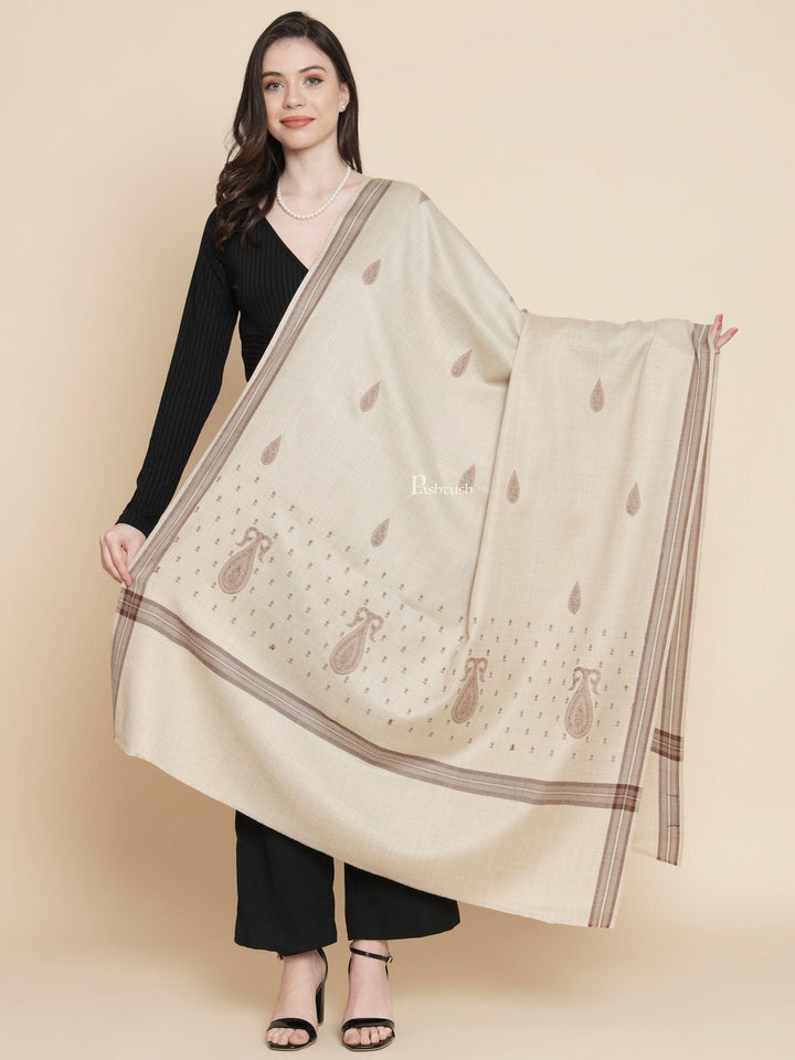 Pashtush India Womens Shawls Pashtush Womens Womens, Fine Wool, Bootey Kashmiri Embroidery, Beige