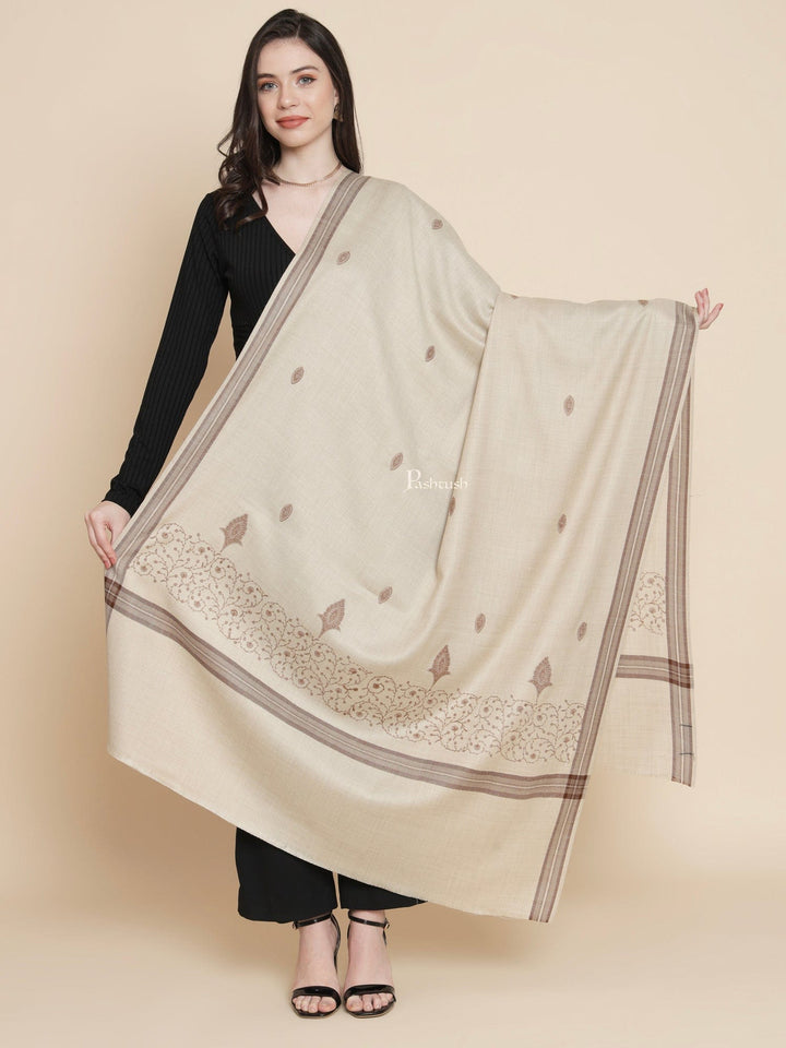 Pashtush India Womens Shawls Pashtush Womens Womens, Fine Wool, Bootey Kashmiri Embroidery, Beige