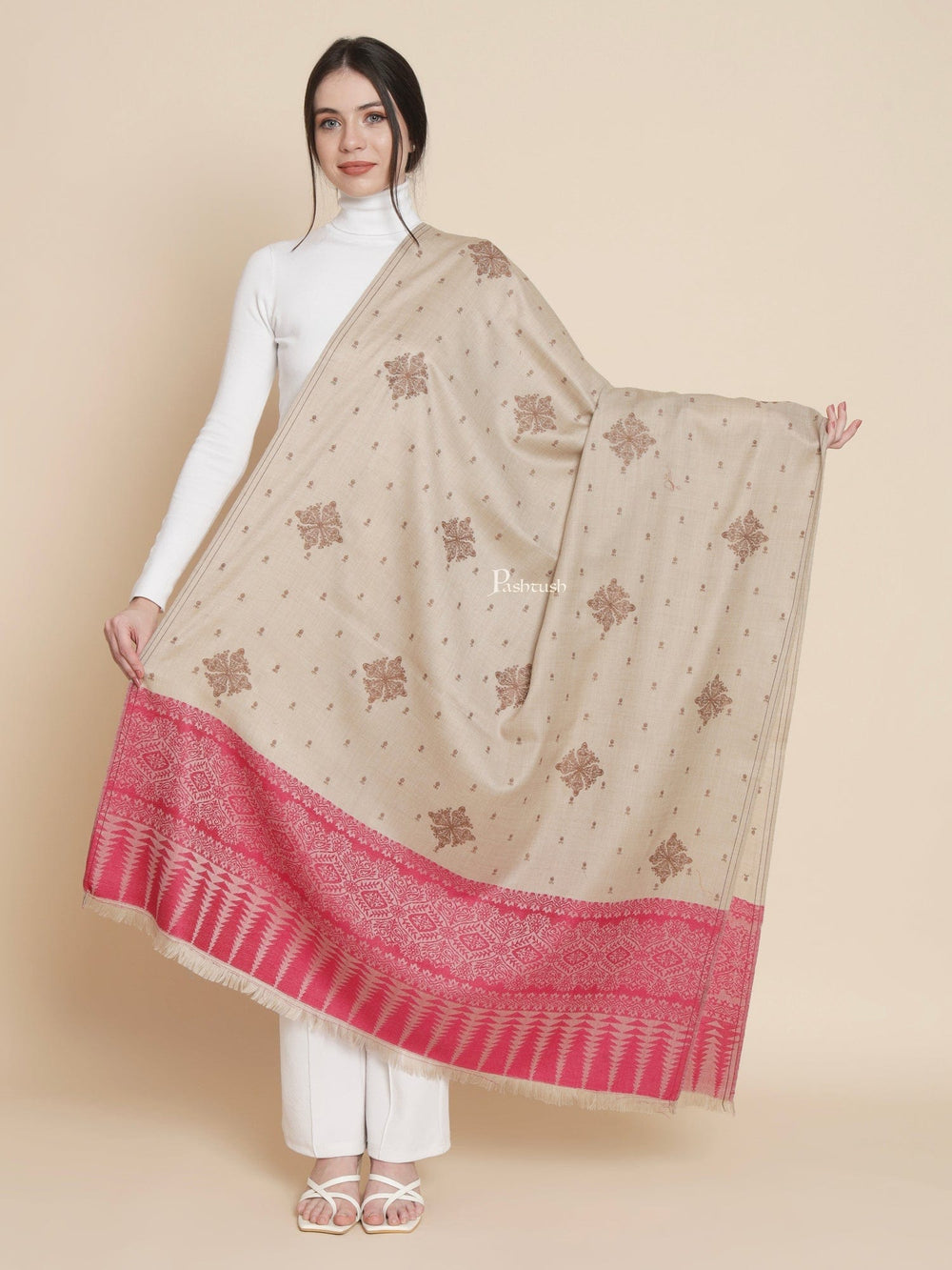 Pashtush India Womens Shawls Pashtush Womens Womens, Fine Wool, Bootey Kashmiri Embroidery, Beige