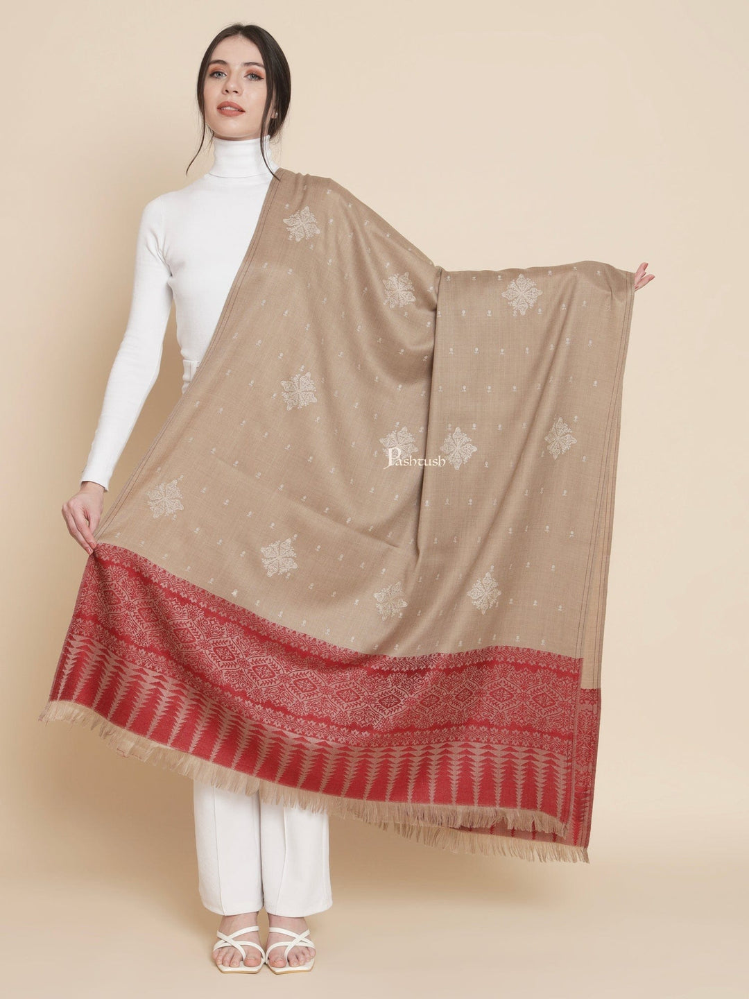 Pashtush India Womens Shawls Pashtush Womens Womens, Fine Wool, Bootey Kashmiri Embroidery, Taupe