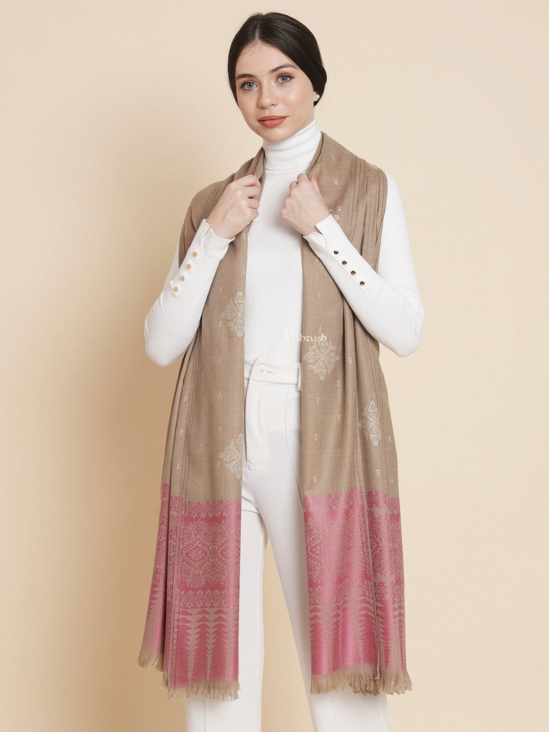 Pashtush India Womens Shawls Pashtush Womens Womens, Fine Wool, Bootey Kashmiri Embroidery, Taupe