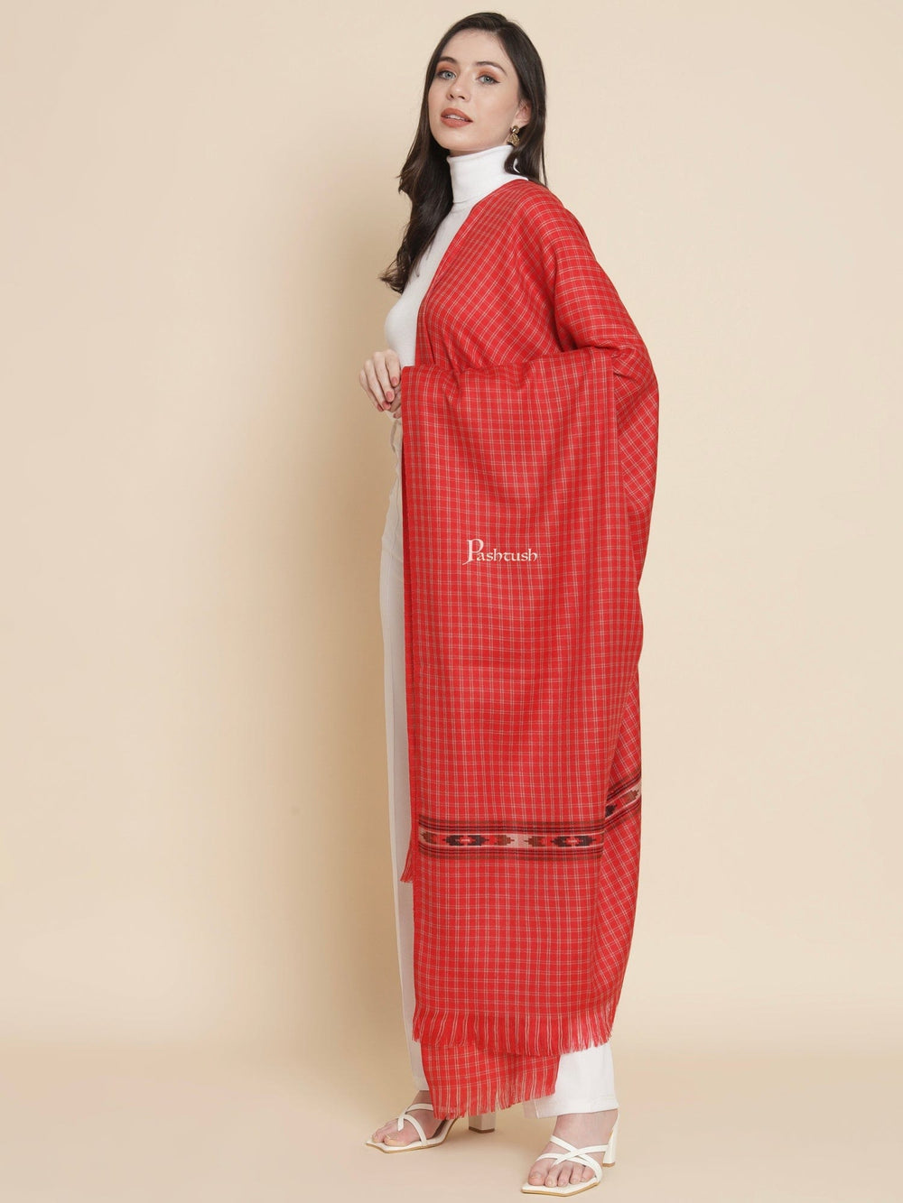 Pashtush India Womens Shawls Pashtush Womens Womens, Fine Wool, Checkered Aztec Palla Woven, Red