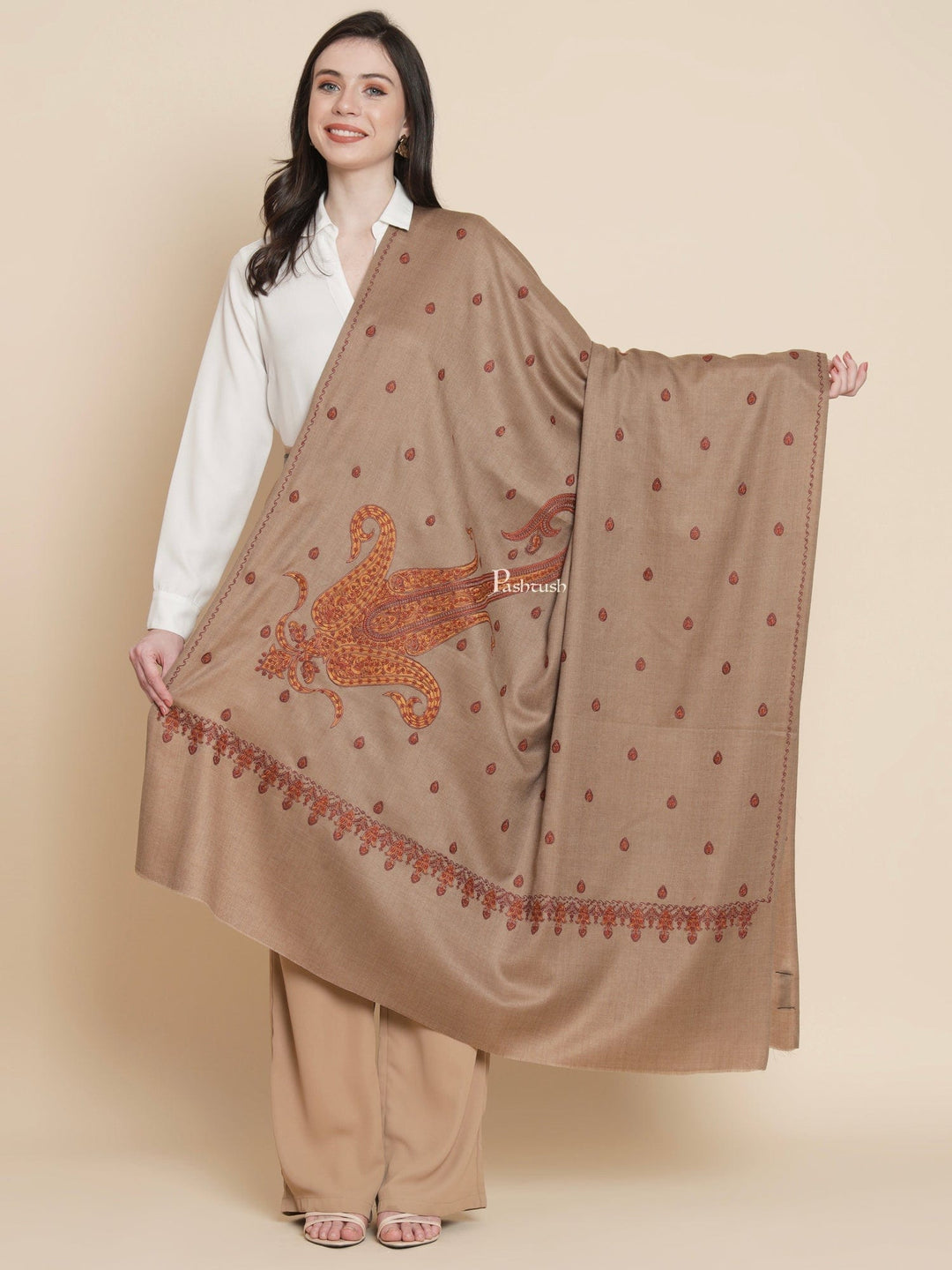 Pashtush India Womens Shawls Pashtush Womens Womens, Fine Wool, Paisley Kashmiri Kunj Embroidery, Taupe