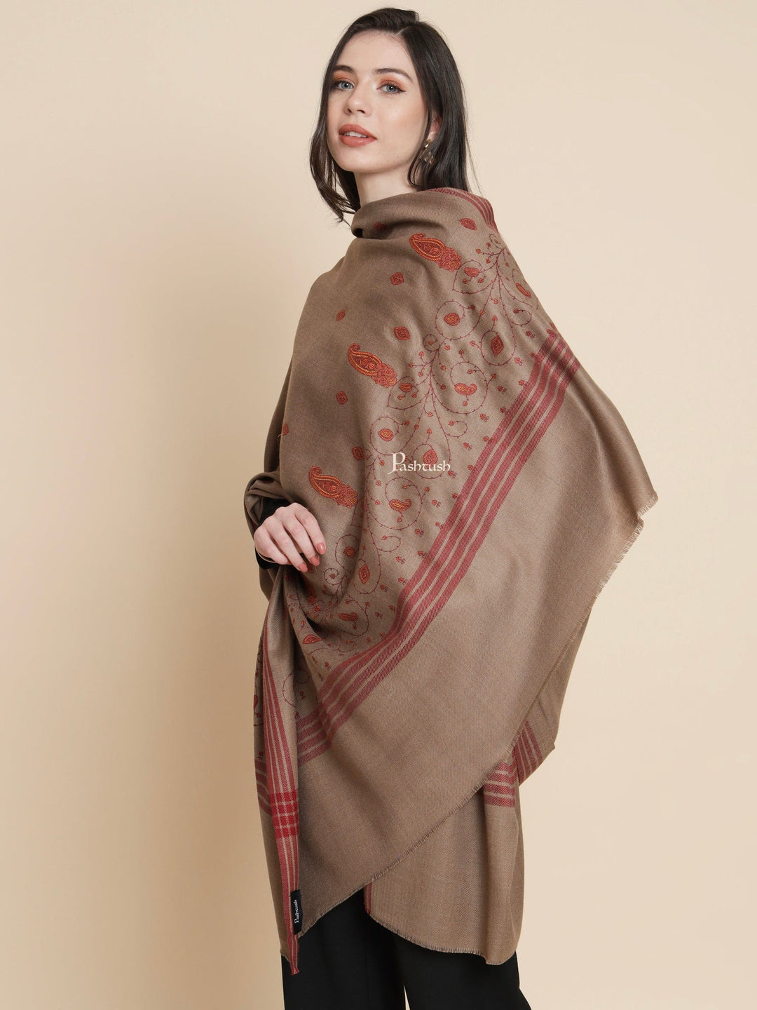 Pashtush India Womens Shawls Pashtush Womens Womens, Woollen, Paisley Large Thick And Warm, Kashmiri Embroidery Embroidery, Brown