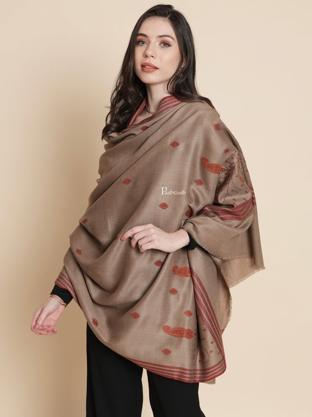 Pashtush India Womens Shawls Pashtush Womens Womens, Woollen, Paisley Large Thick And Warm, Kashmiri Embroidery Embroidery, Brown