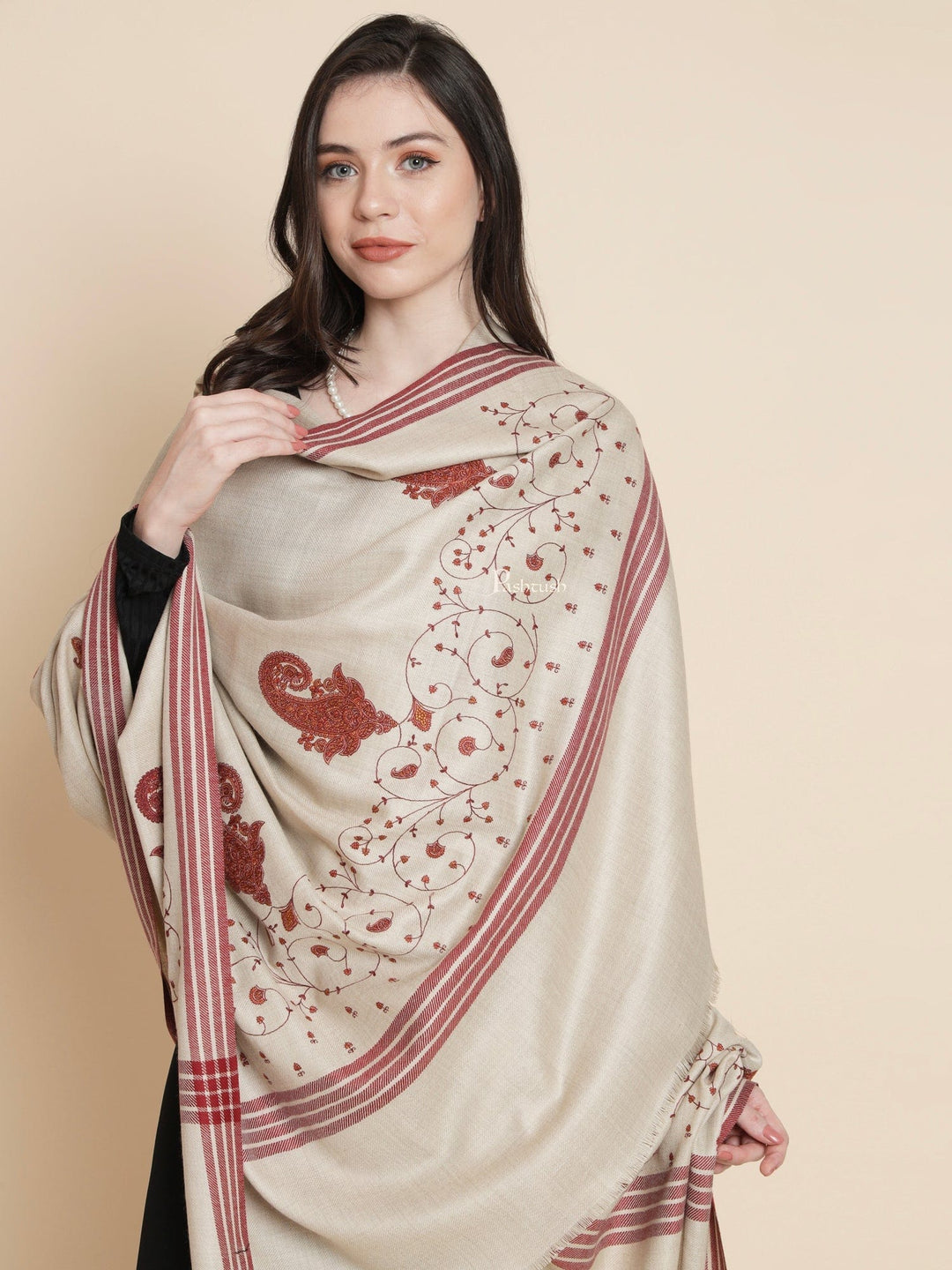 Pashtush India Womens Shawls Pashtush Womens Womens, Woollen, Paisley Large Thick And Warm, Kashmiri Embroidery Embroidery, Taupe