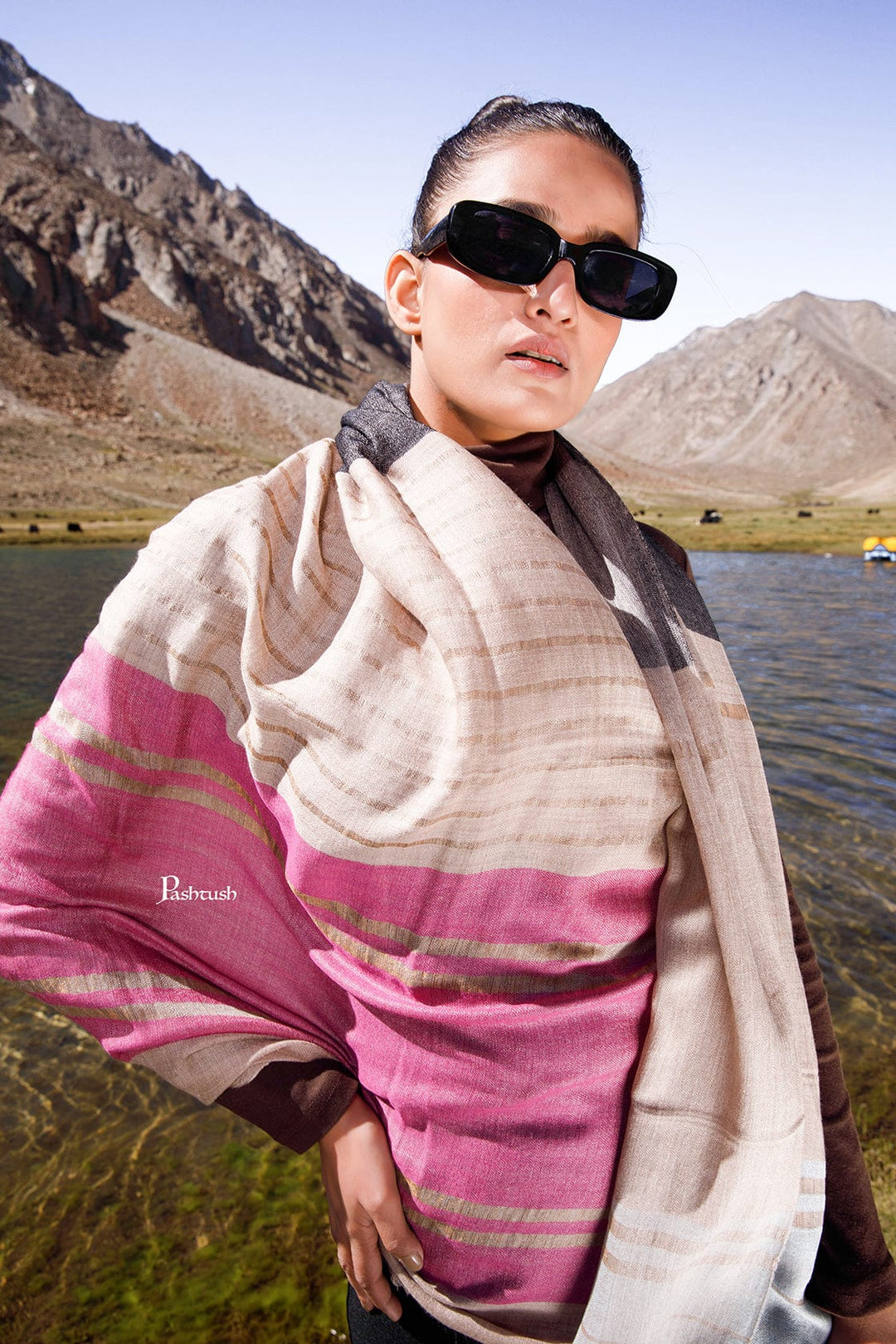 Pashtush India Womens Stoles and Scarves Scarf Pashtush Womens Wool Silk Stole, Twilight Collection, Soft Woven Stripes, Flamingo
