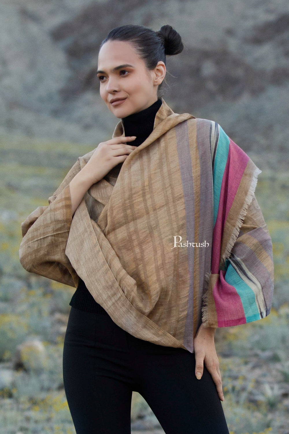 Pashtush India Womens Stoles and Scarves Scarf Pashtush Womens Wool Silk Stole, Twilight Collection, Soft Woven Stripes, Golden