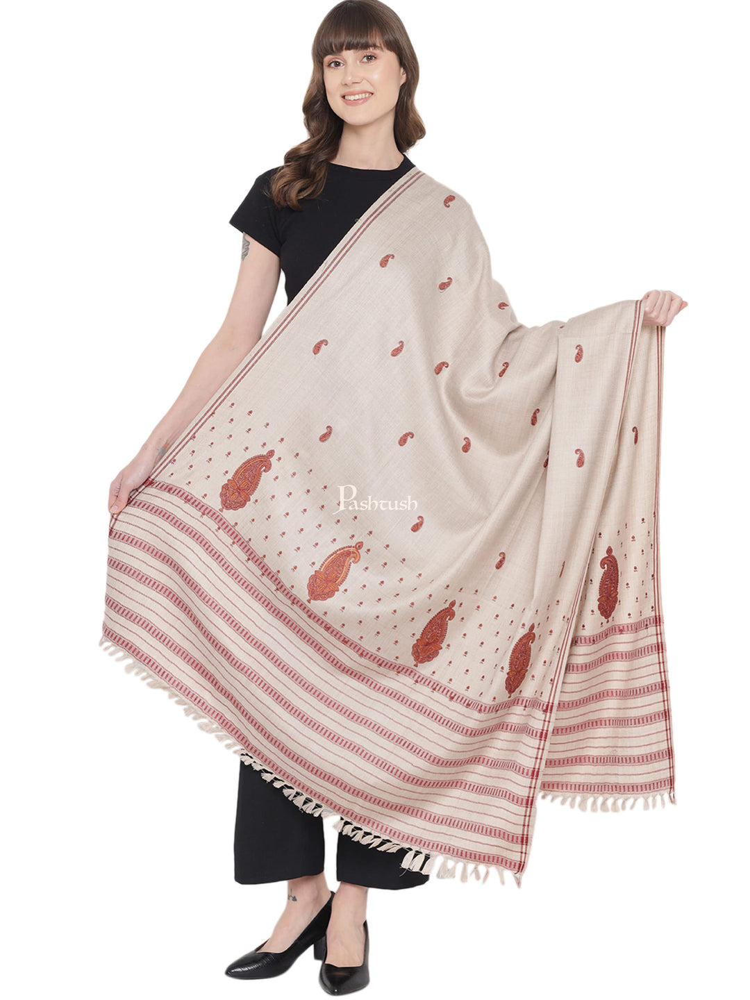 Pashtush India Womens Shawls Pashtush Womens Woollen Embroidery Shawl, Beige