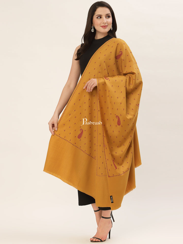 Pashtush India Womens Shawls Pashtush Womens Woollen Kashmiri Embroidery Shawl, Mustard