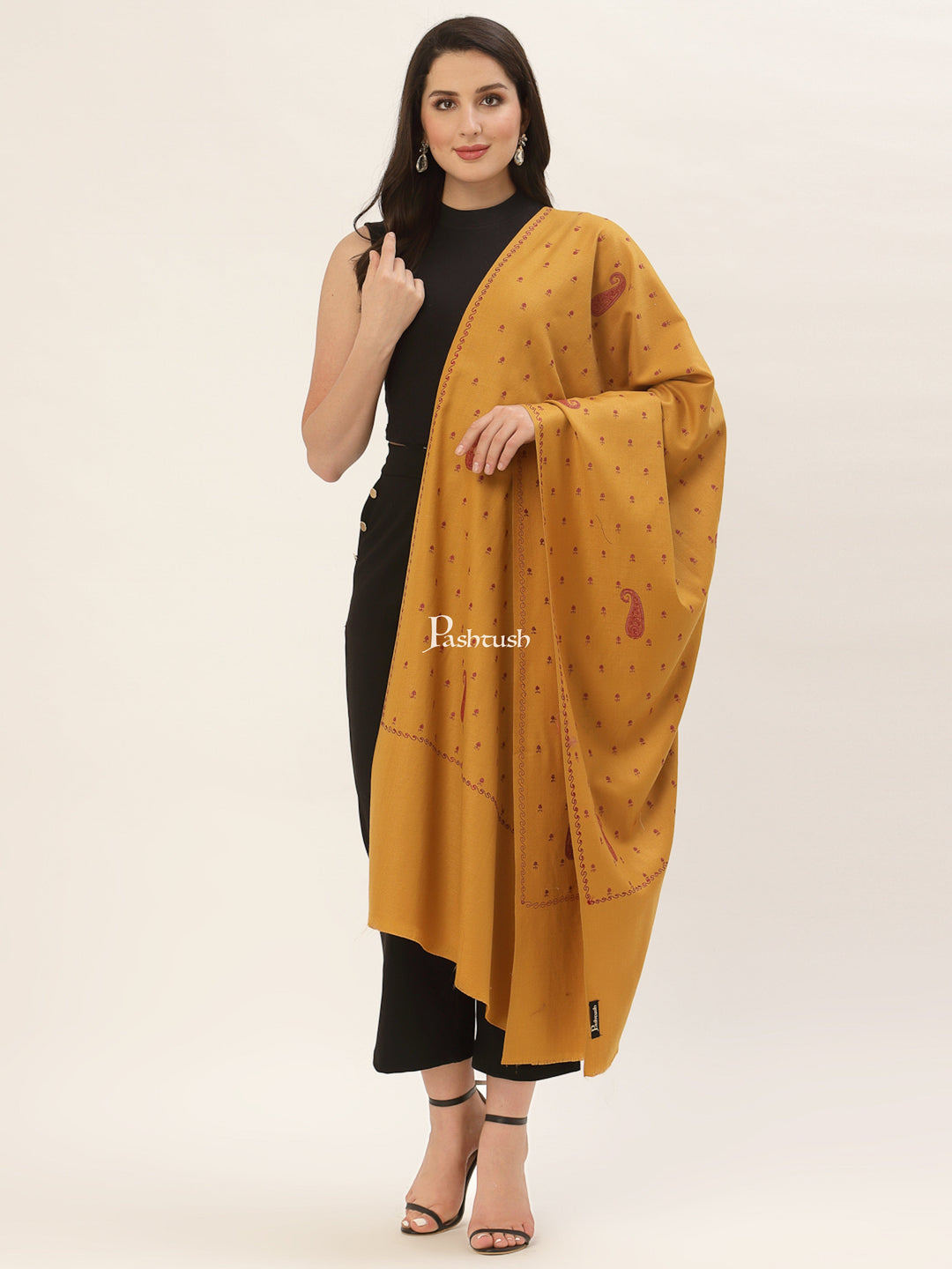 Pashtush India Womens Shawls Pashtush Womens Woollen Kashmiri Embroidery Shawl, Mustard