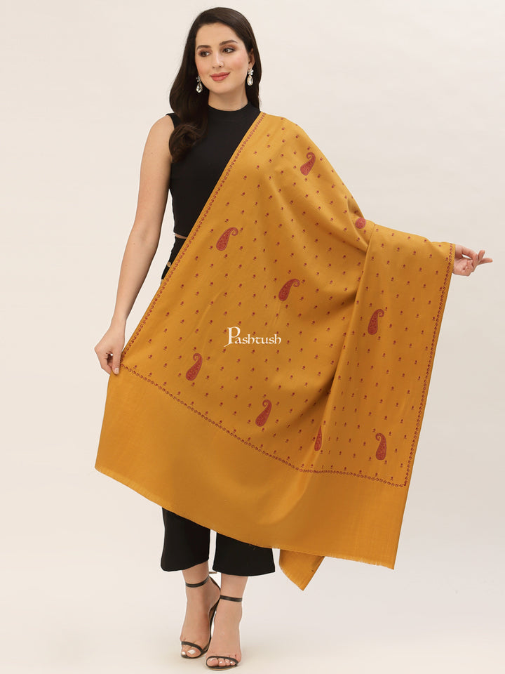 Pashtush India Womens Shawls Pashtush Womens Woollen Kashmiri Embroidery Shawl, Mustard