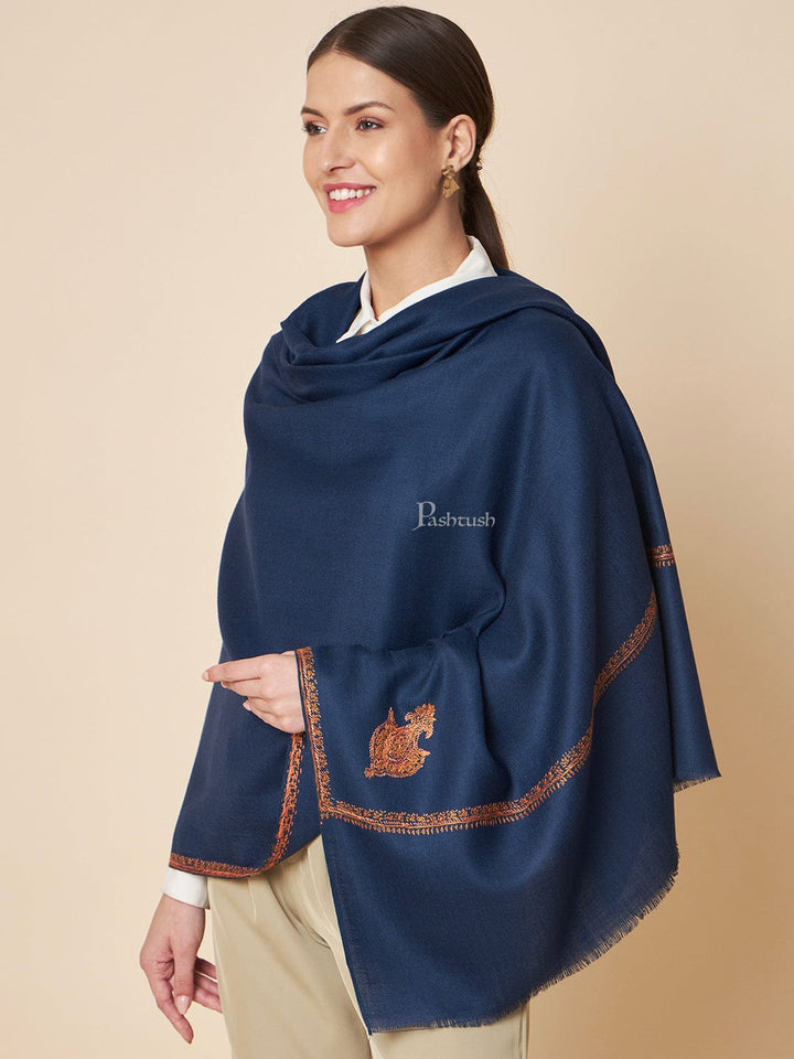 Pashtush India Womens Shawls Pashtush Womens Woollen Shawl, Kingri Hand Embroidery Design, Deep Blue