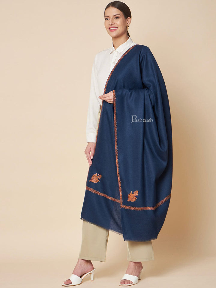 Pashtush India Womens Shawls Pashtush Womens Woollen Shawl, Kingri Hand Embroidery Design, Deep Blue