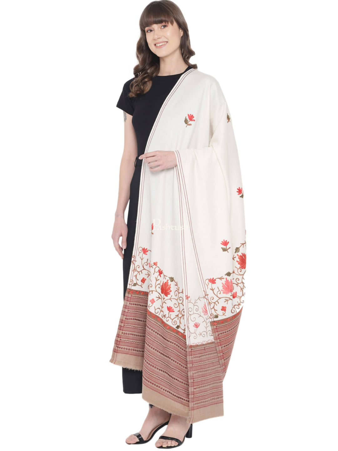 Pashtush India Womens Shawls Pashtush Womens Woollen Shawl, Stitched Palla, Aari Embroidery, White